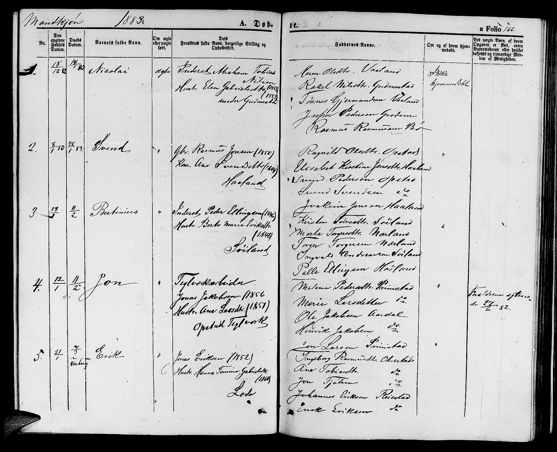 Hå sokneprestkontor, AV/SAST-A-101801/001/30BB/L0001: Parish register (copy) no. B 1, 1854-1883, p. 166