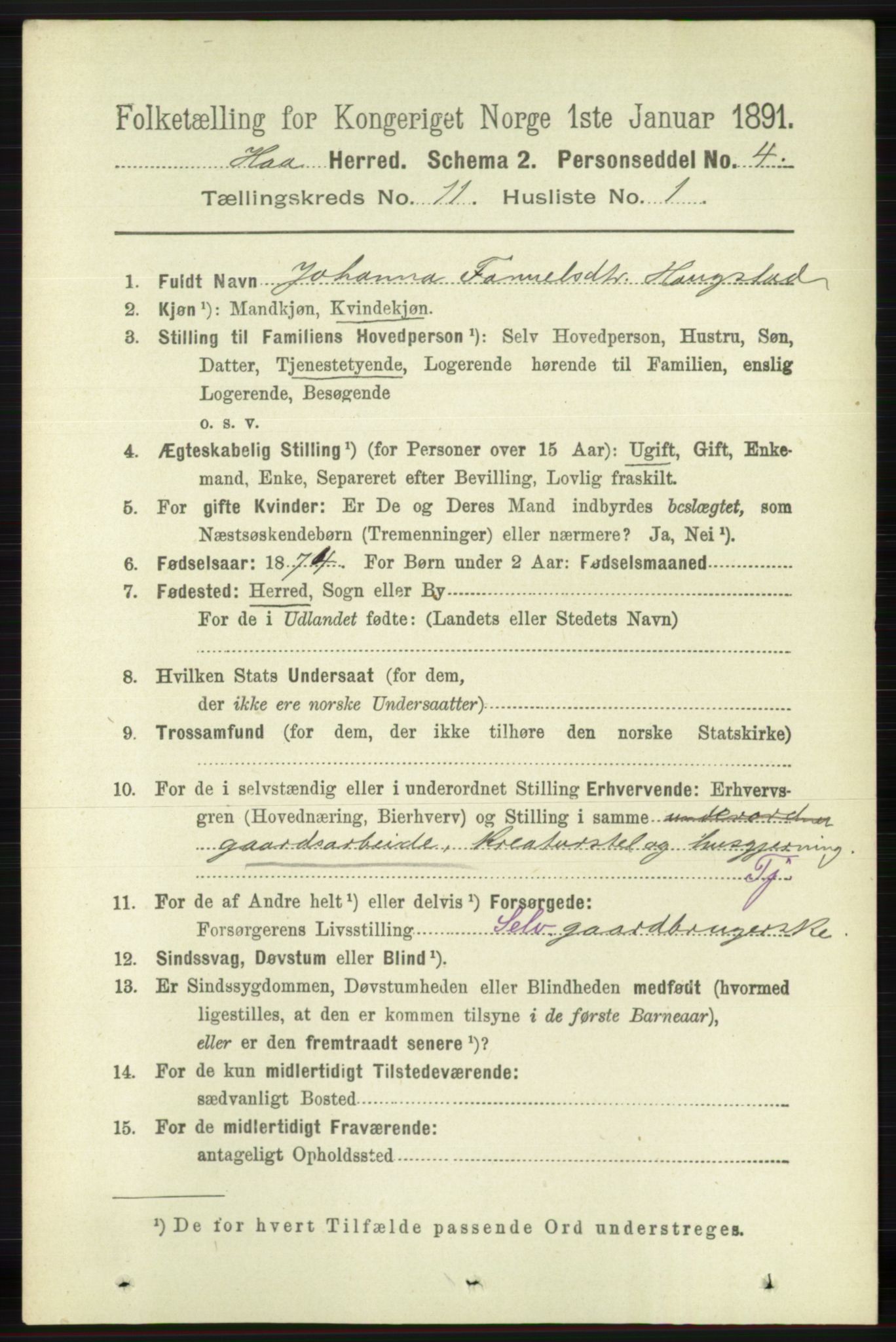 RA, 1891 census for 1119 Hå, 1891, p. 2632