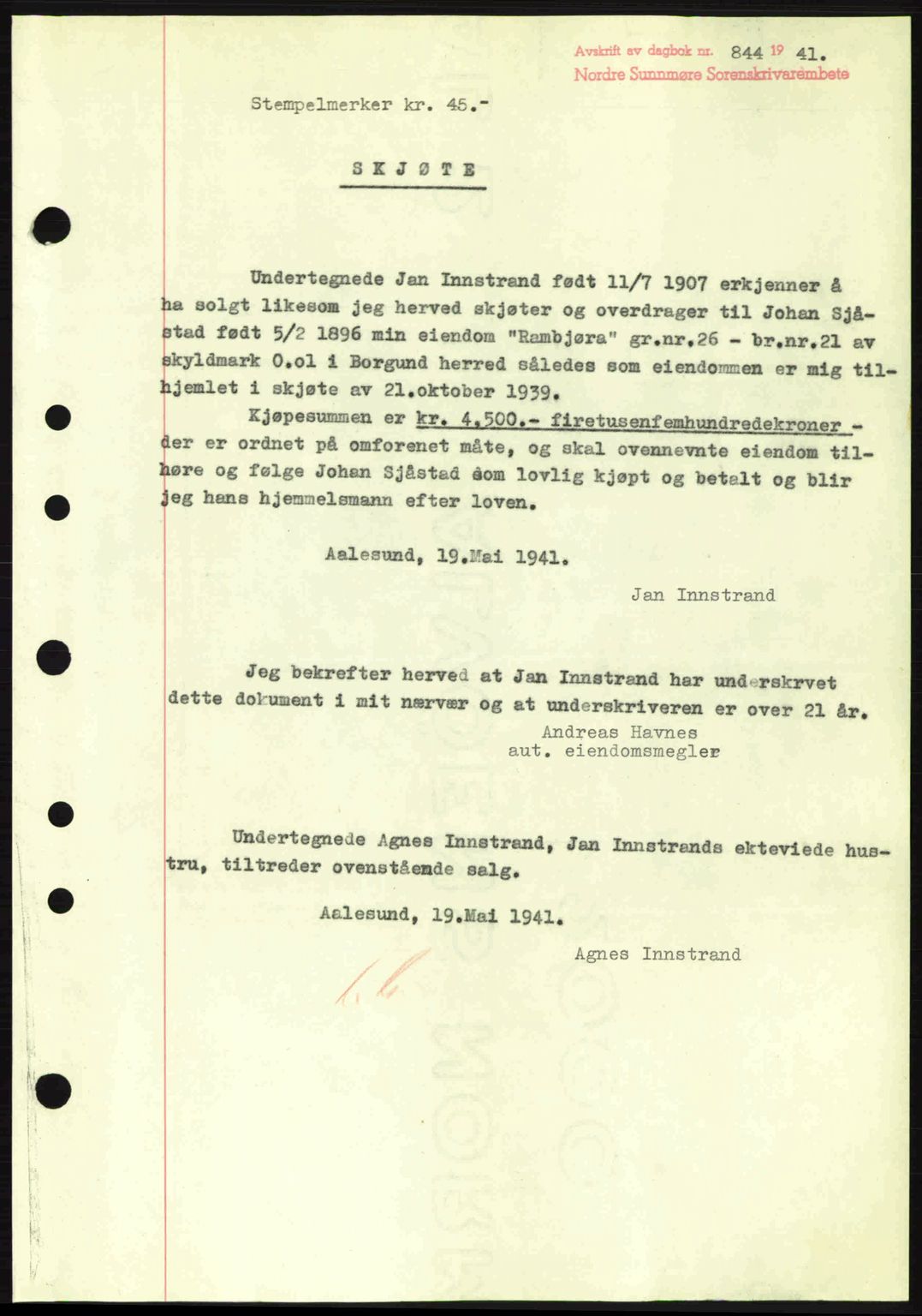 Nordre Sunnmøre sorenskriveri, AV/SAT-A-0006/1/2/2C/2Ca: Mortgage book no. A11, 1941-1941, Diary no: : 844/1941