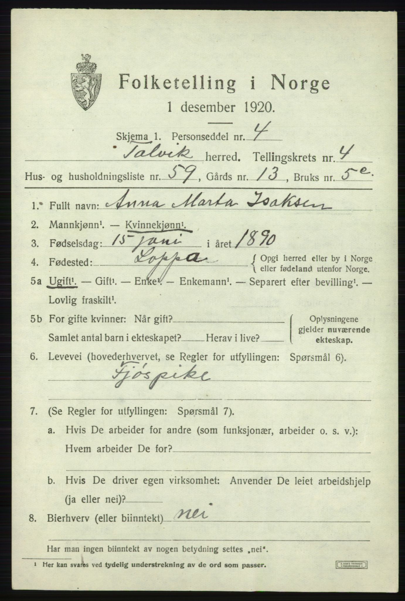 SATØ, 1920 census for Talvik, 1920, p. 3260