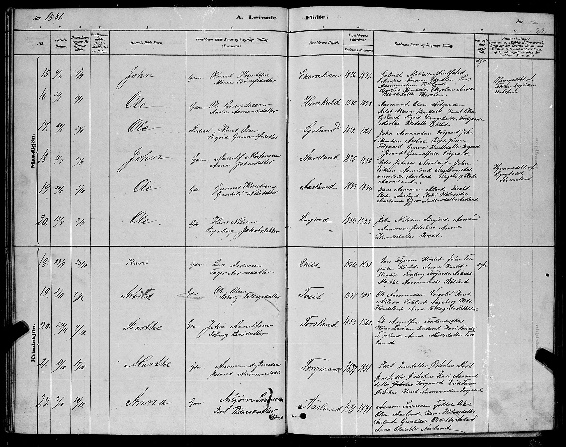 Åseral sokneprestkontor, SAK/1111-0051/F/Fb/L0002: Parish register (copy) no. B 2, 1878-1899, p. 22