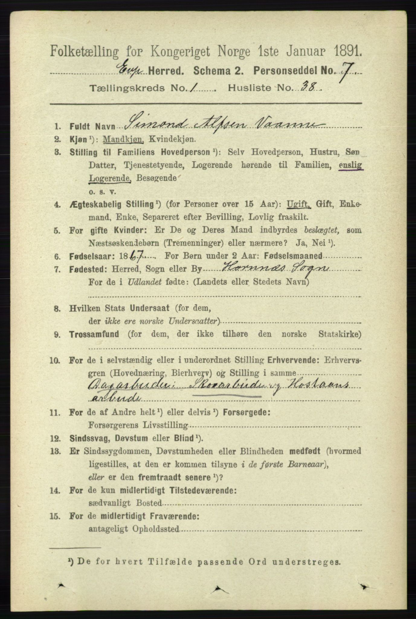 RA, 1891 census for 0937 Evje, 1891, p. 330