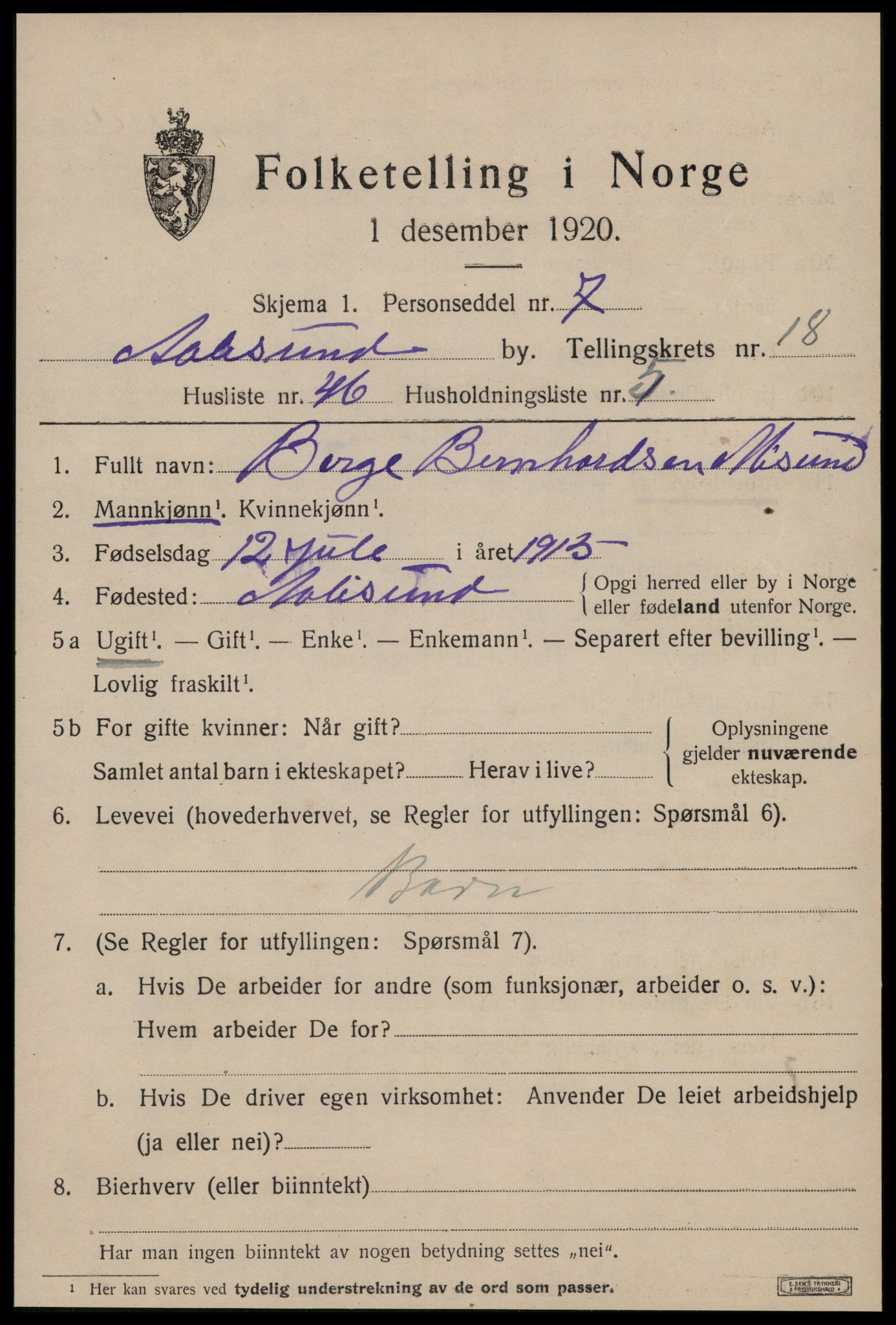 SAT, 1920 census for Ålesund, 1920, p. 35606