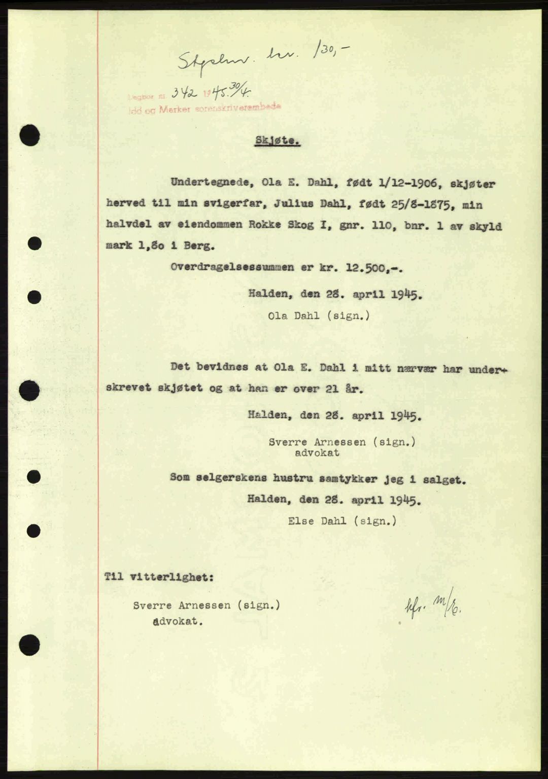 Idd og Marker sorenskriveri, AV/SAO-A-10283/G/Gb/Gbb/L0007: Mortgage book no. A7, 1944-1945, Diary no: : 342/1945
