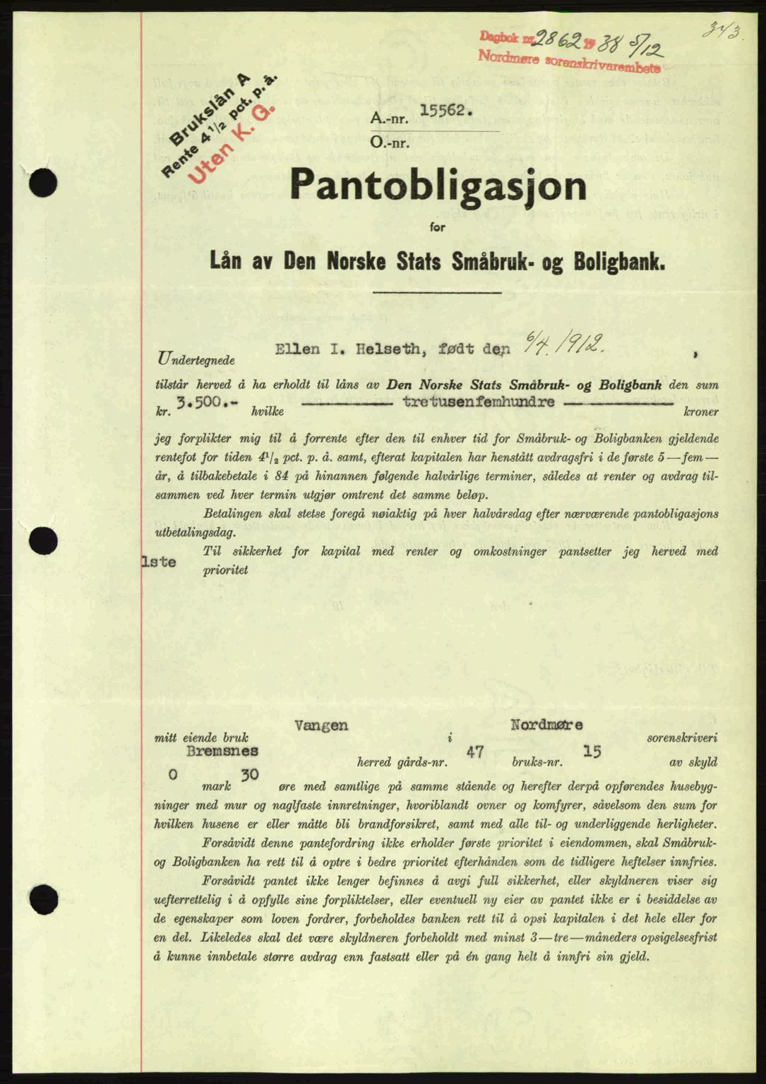 Nordmøre sorenskriveri, AV/SAT-A-4132/1/2/2Ca: Mortgage book no. B84, 1938-1939, Diary no: : 2862/1938