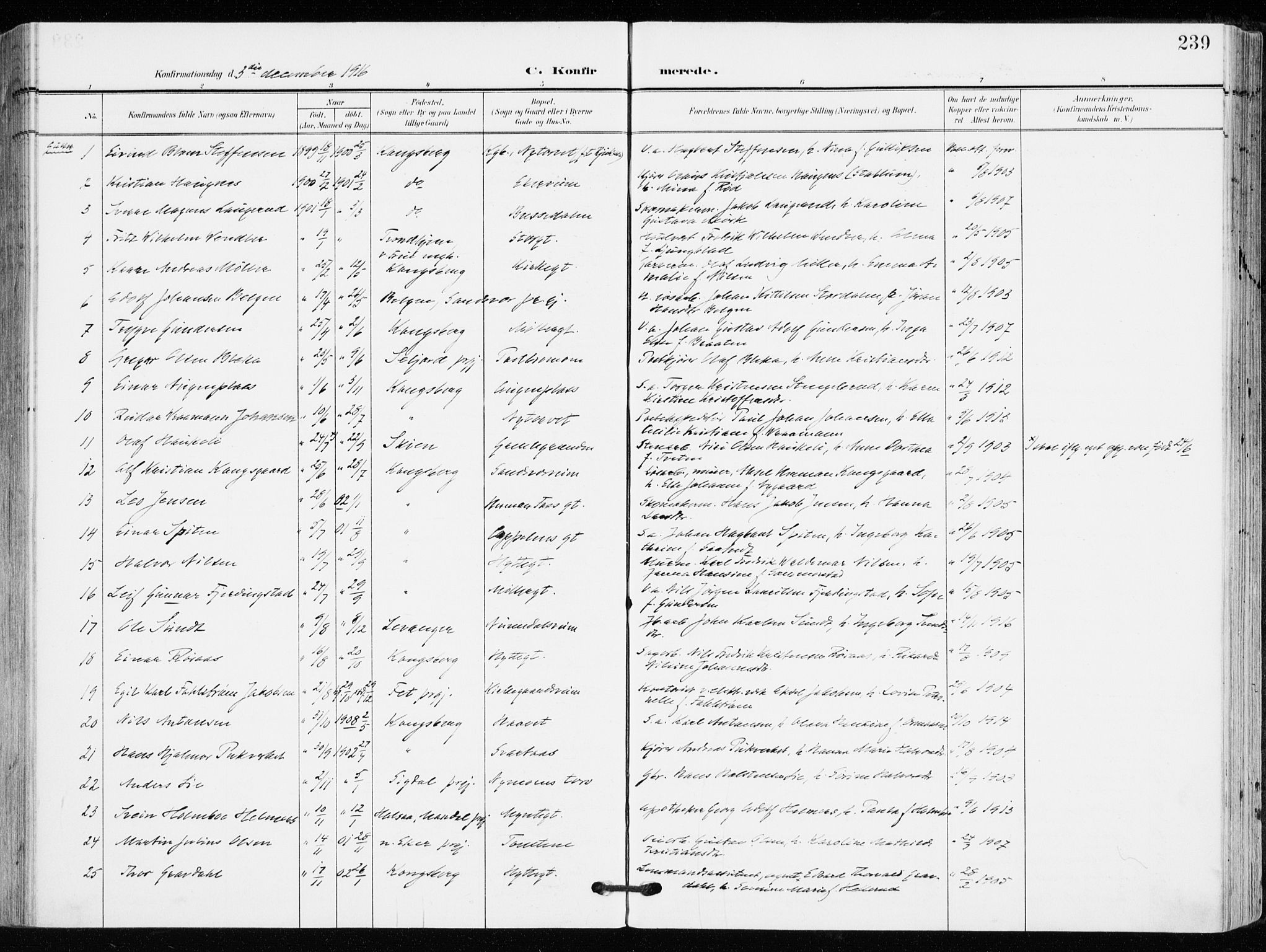 Kongsberg kirkebøker, AV/SAKO-A-22/F/Fb/L0004: Parish register (official) no. II 4, 1906-1918, p. 239