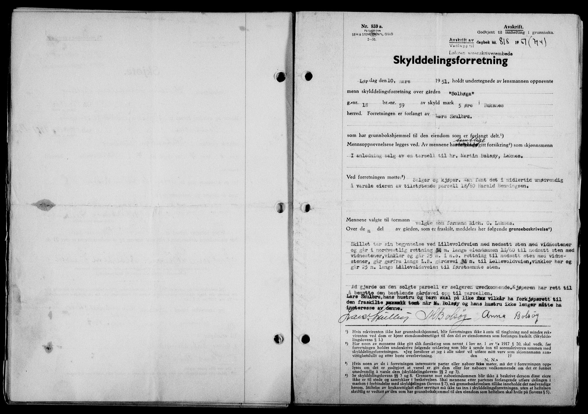 Lofoten sorenskriveri, SAT/A-0017/1/2/2C/L0025a: Mortgage book no. 25a, 1950-1951, Diary no: : 818/1951