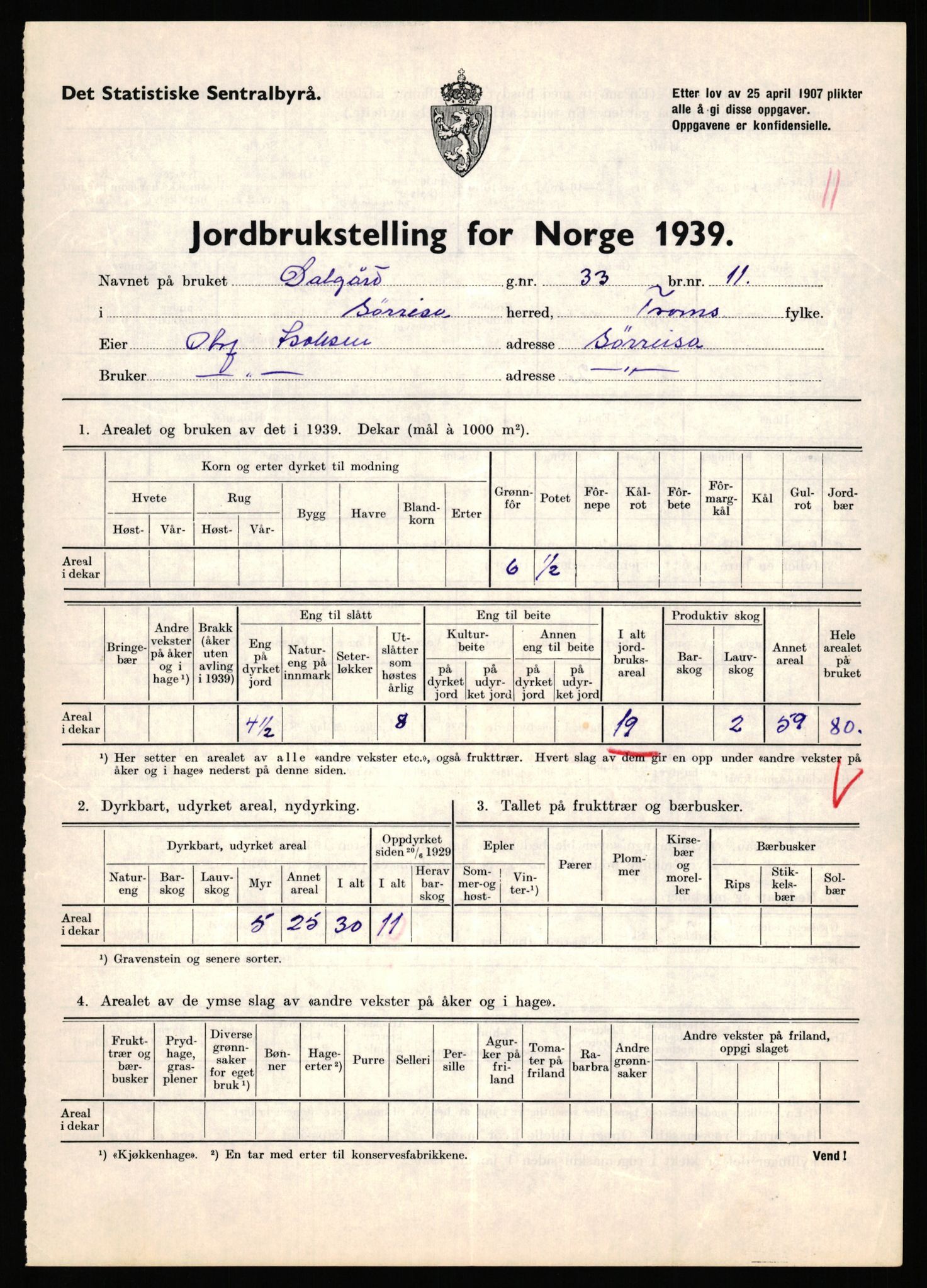 Statistisk sentralbyrå, Næringsøkonomiske emner, Jordbruk, skogbruk, jakt, fiske og fangst, AV/RA-S-2234/G/Gb/L0341: Troms: Sørreisa og Tranøy, 1939, p. 215