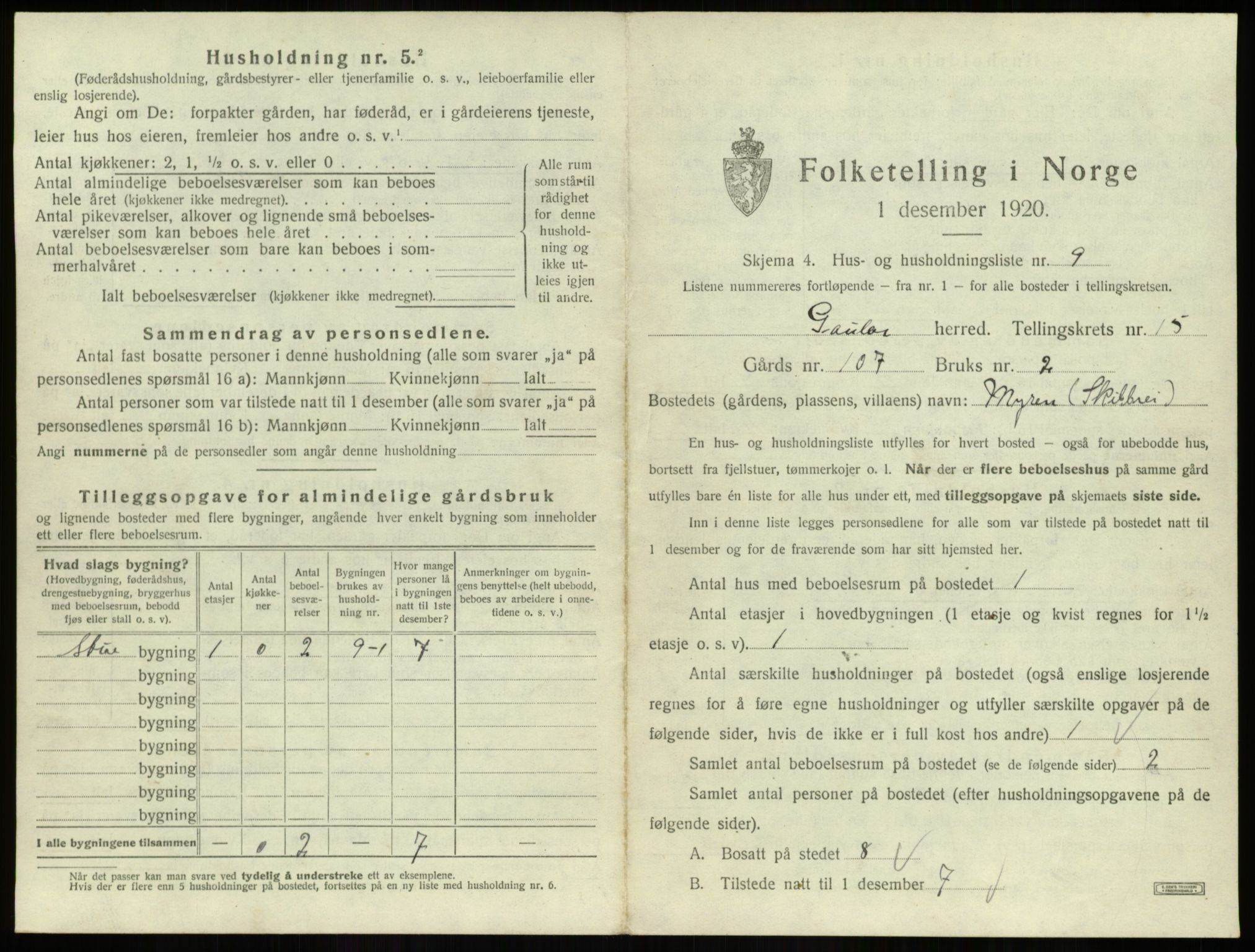 SAB, 1920 census for Gaular, 1920, p. 1082