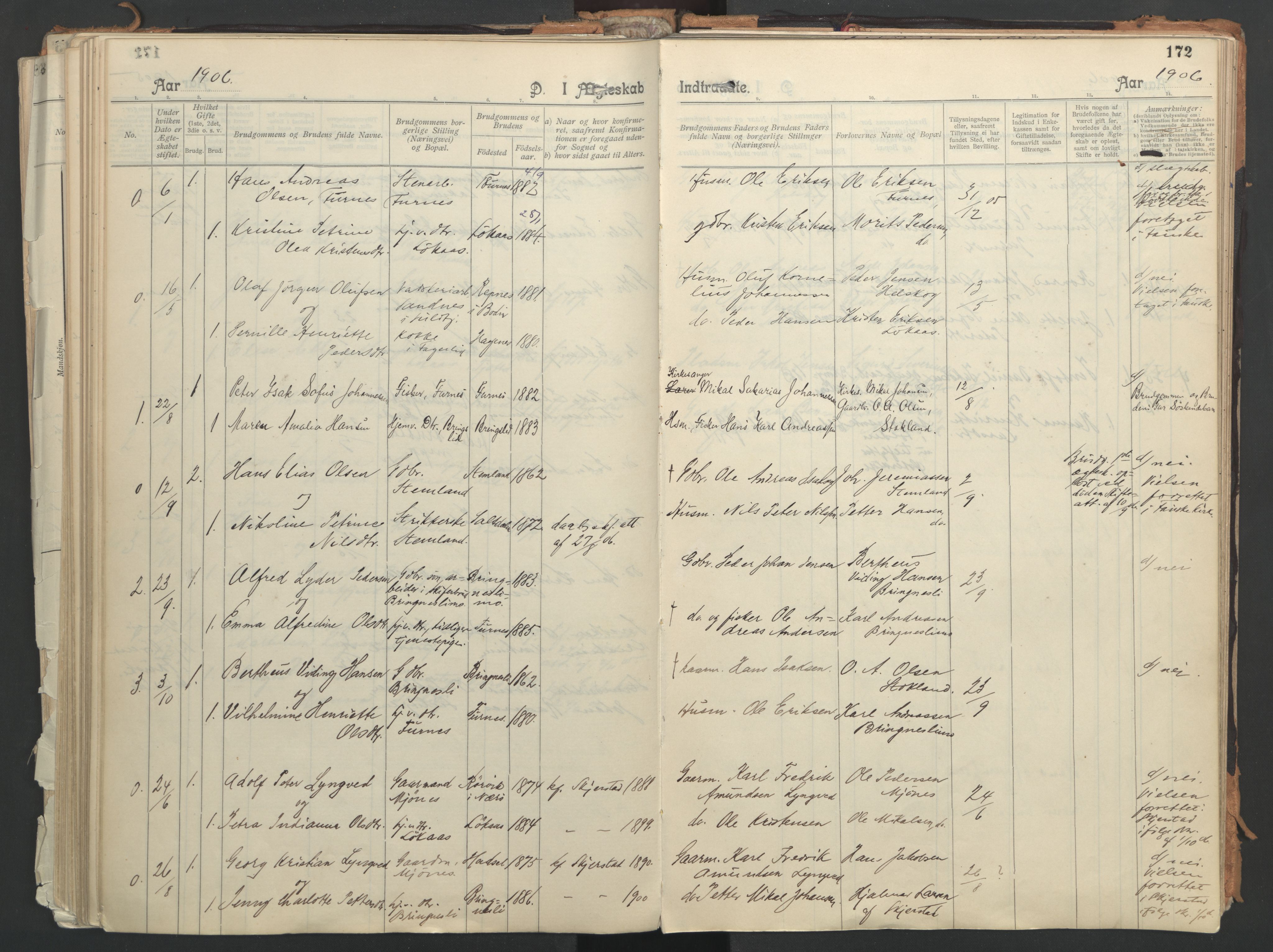 Ministerialprotokoller, klokkerbøker og fødselsregistre - Nordland, AV/SAT-A-1459/851/L0724: Parish register (official) no. 851A01, 1901-1922, p. 172