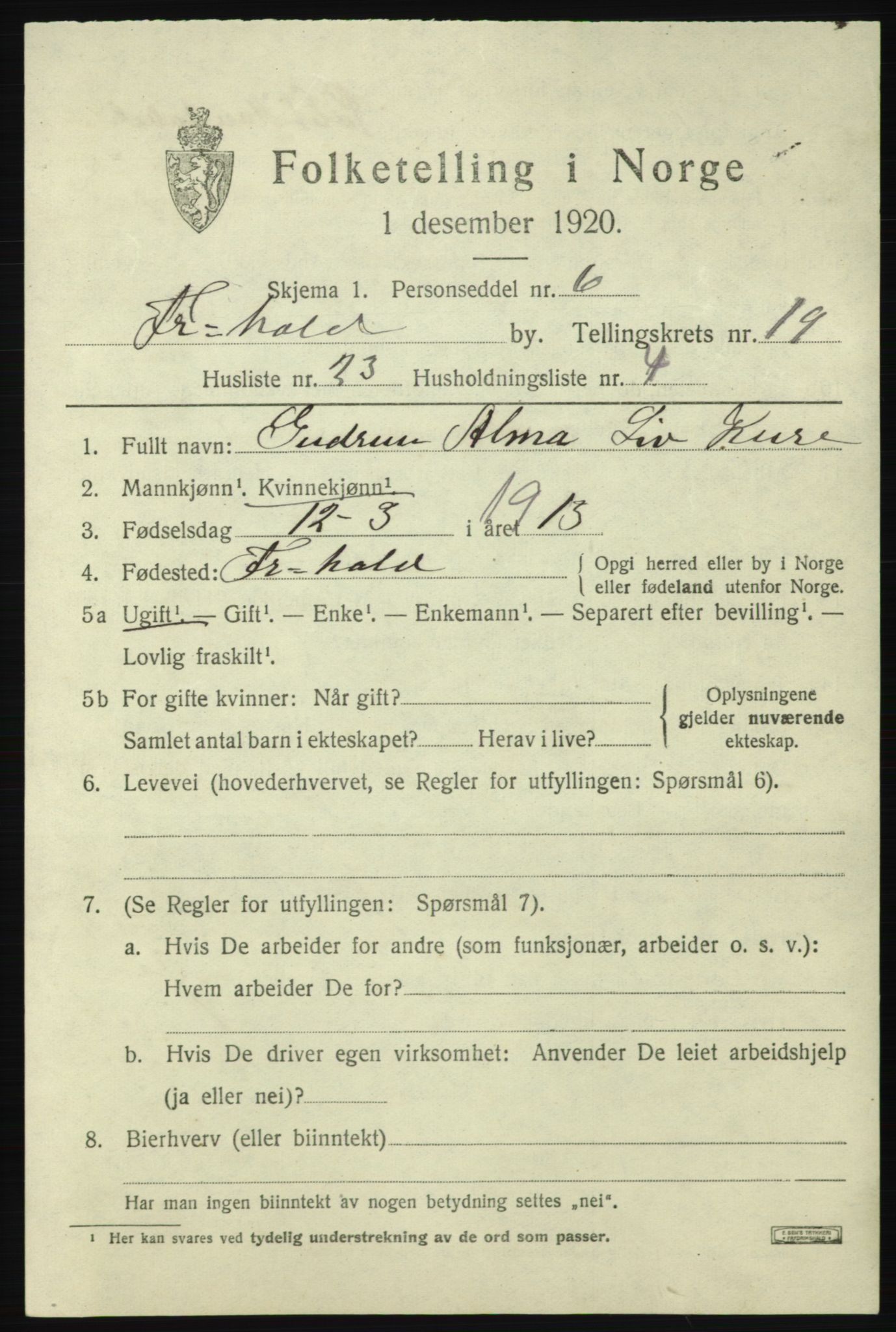 SAO, 1920 census for Fredrikshald, 1920, p. 28778