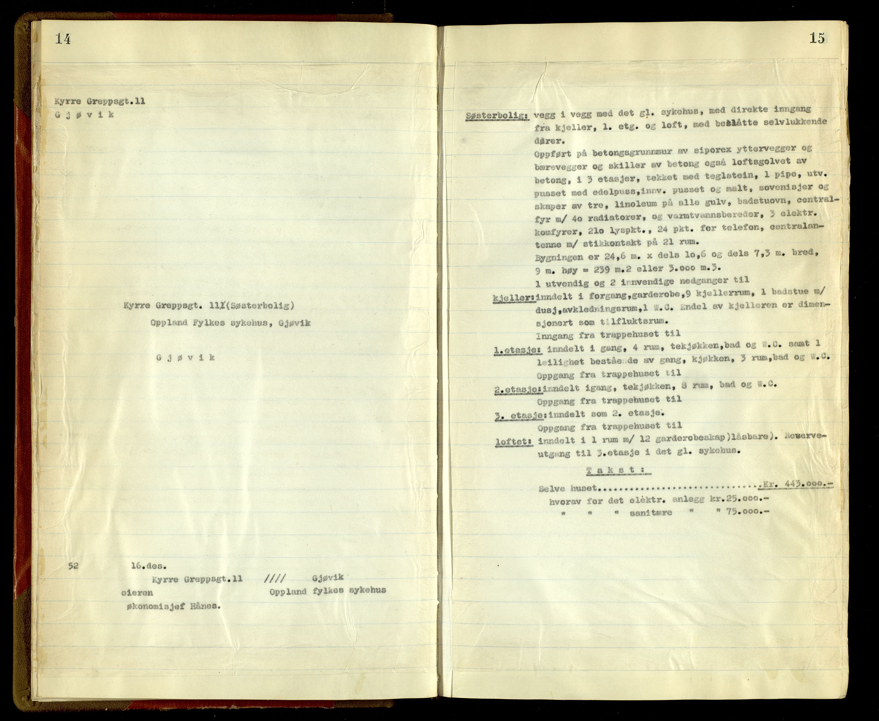 Norges Brannkasse, Gjøvik, AV/SAH-NBRANG-045/F/L0011: Branntakstprotokoll, 1952-1955, p. 14-15