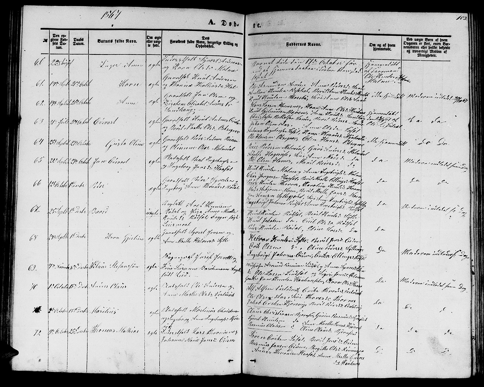 Ministerialprotokoller, klokkerbøker og fødselsregistre - Møre og Romsdal, AV/SAT-A-1454/565/L0753: Parish register (copy) no. 565C02, 1845-1870, p. 103