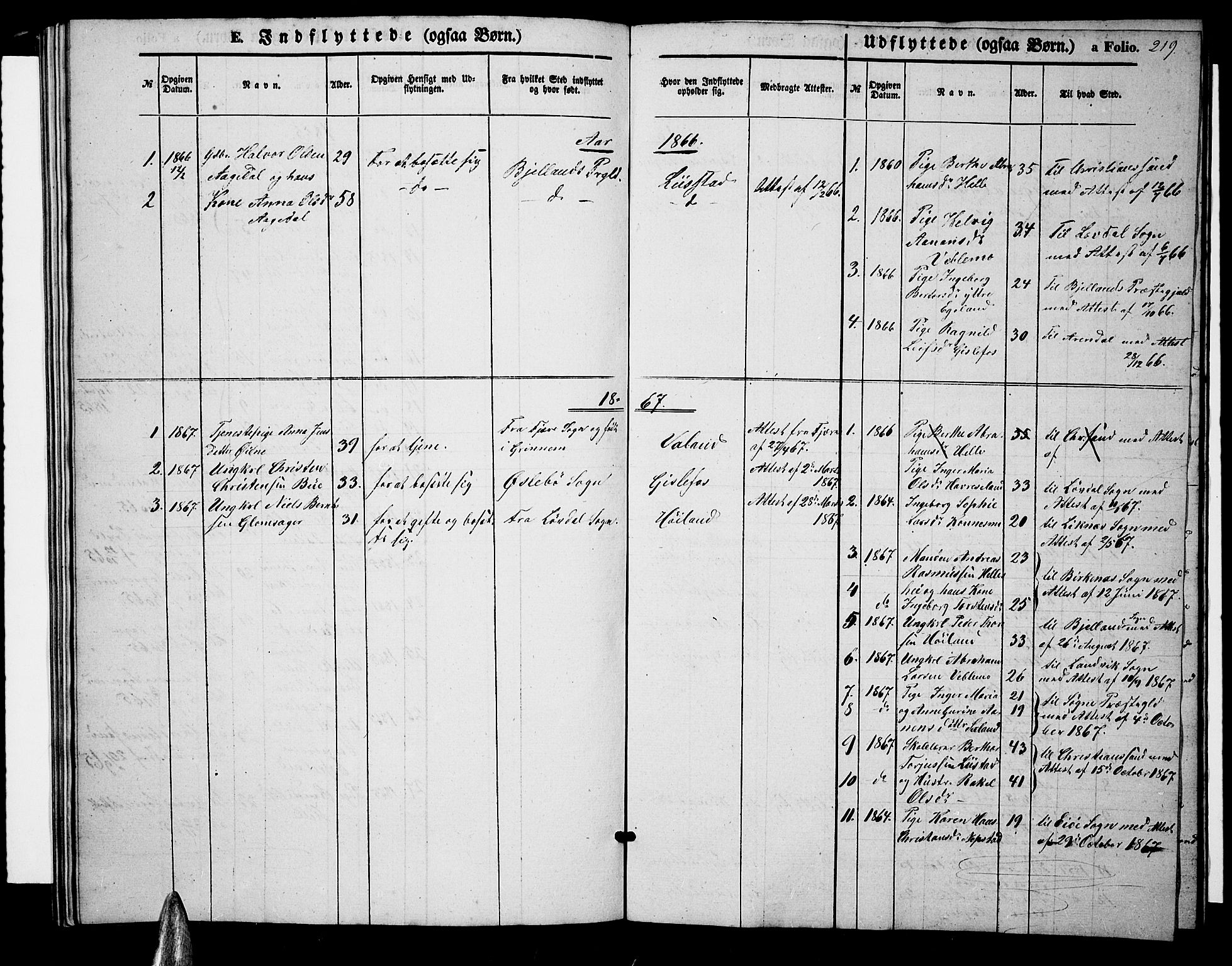 Nord-Audnedal sokneprestkontor, SAK/1111-0032/F/Fb/Fba/L0002: Parish register (copy) no. B 2, 1856-1882, p. 219