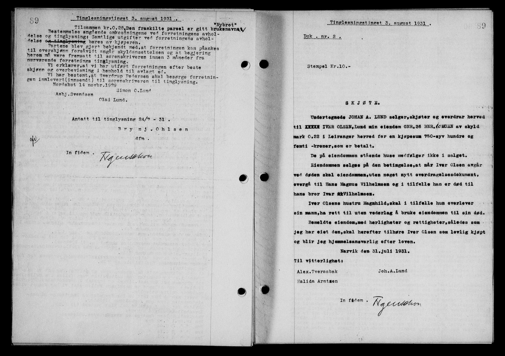 Steigen og Ofoten sorenskriveri, SAT/A-0030/1/2/2C/L0019: Mortgage book no. 22, 1931-1931, Deed date: 03.08.1931