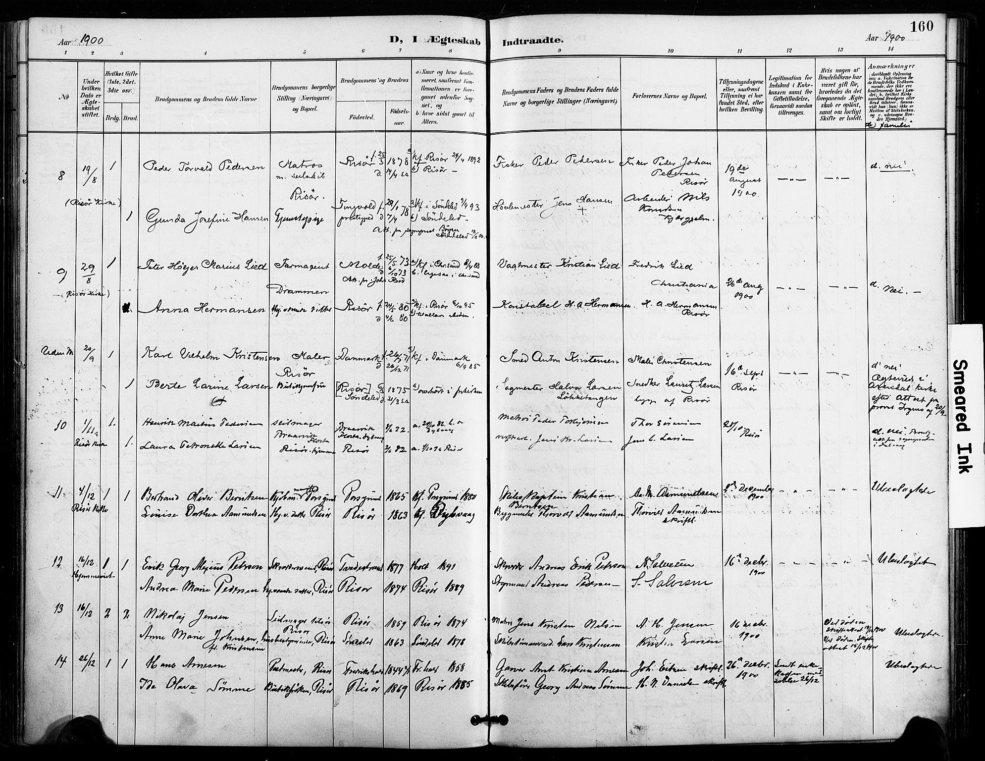 Risør sokneprestkontor, AV/SAK-1111-0035/F/Fa/L0010: Parish register (official) no. A 10, 1896-1906, p. 160