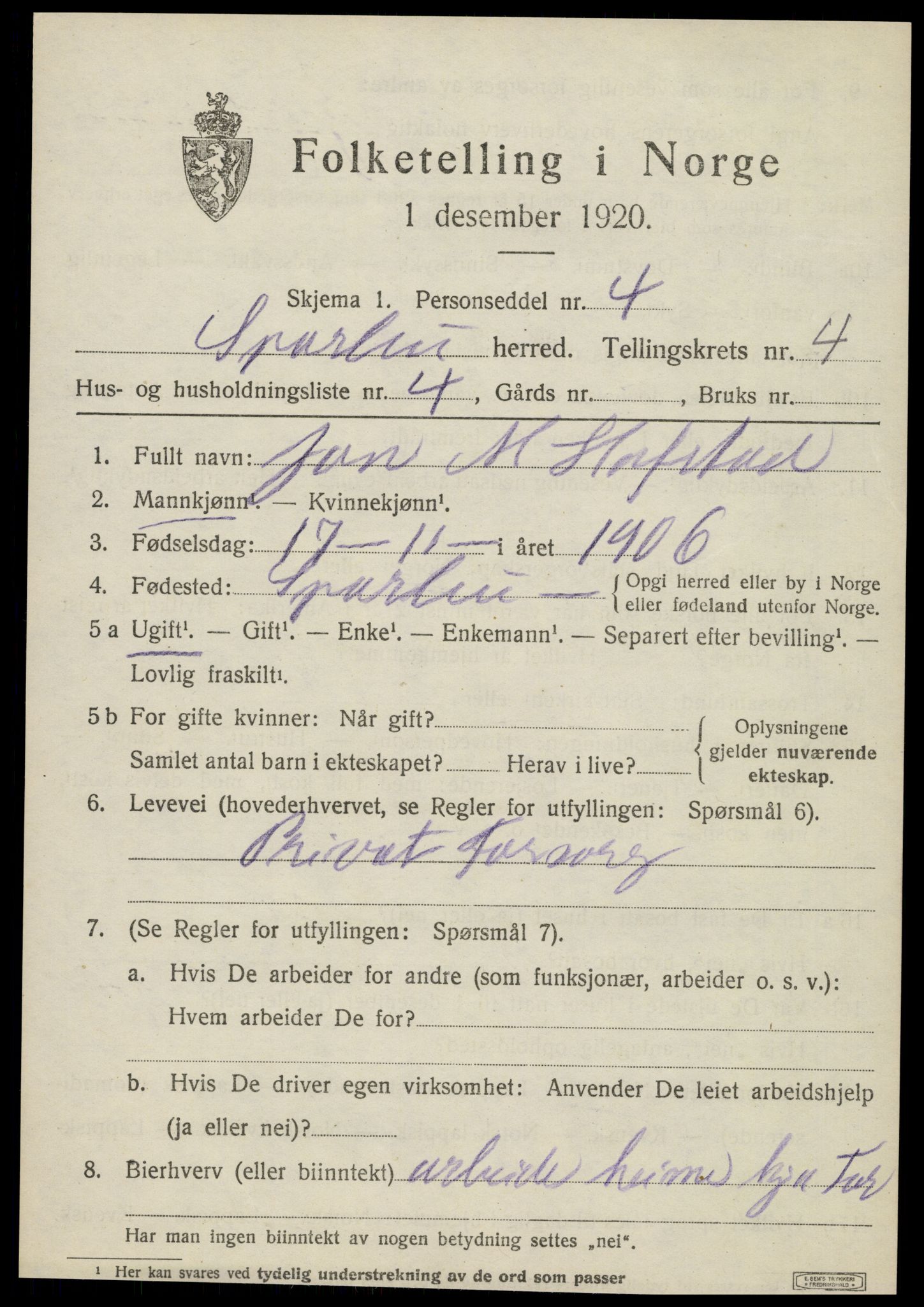 SAT, 1920 census for Sparbu, 1920, p. 5211