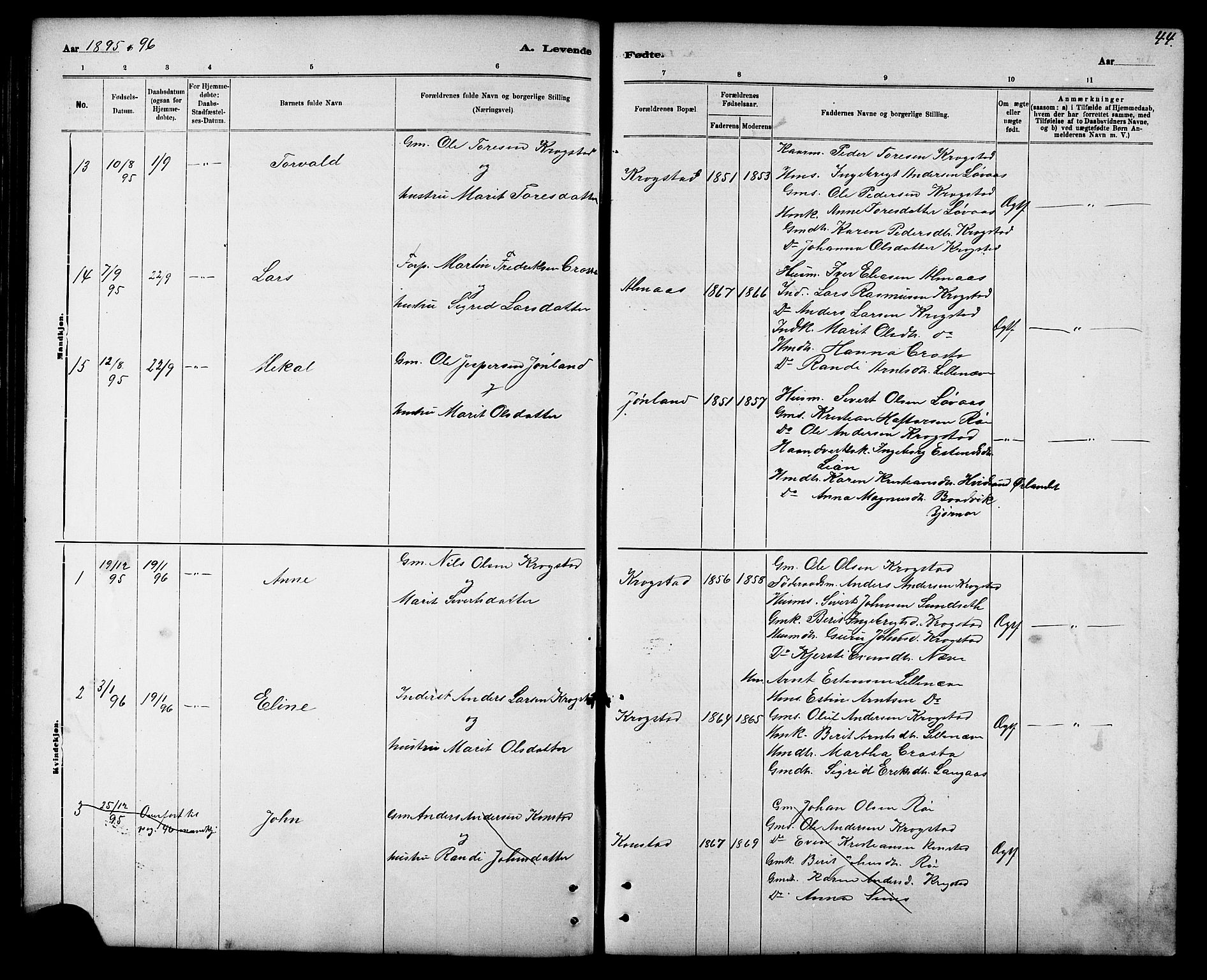 Ministerialprotokoller, klokkerbøker og fødselsregistre - Sør-Trøndelag, AV/SAT-A-1456/694/L1132: Parish register (copy) no. 694C04, 1887-1914, p. 44