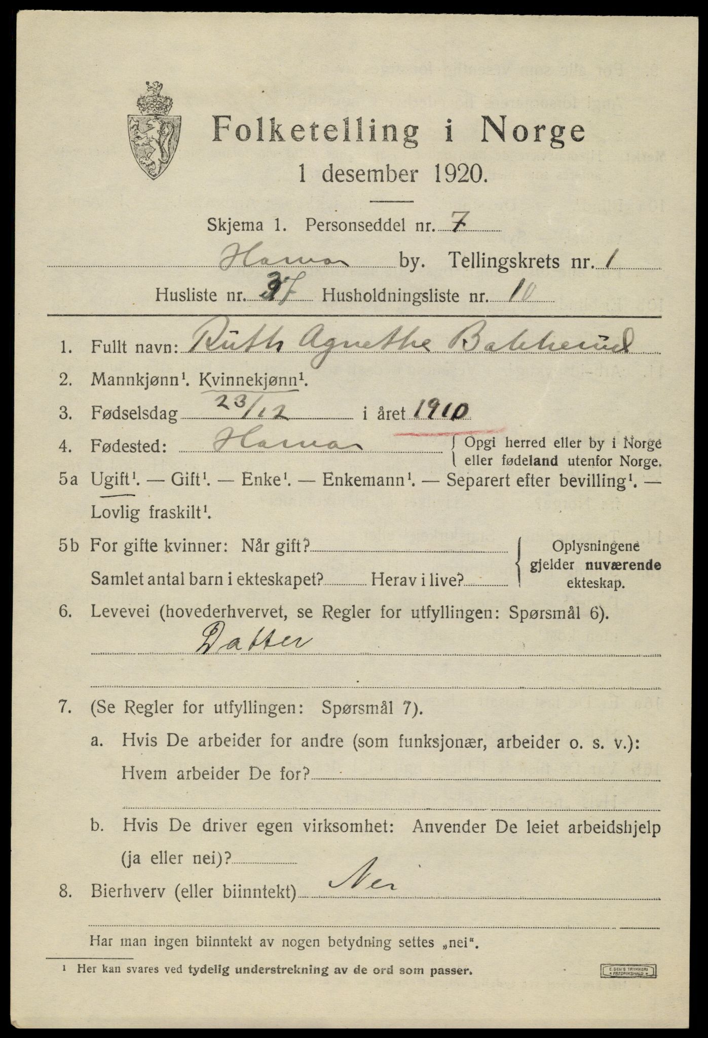 SAH, 1920 census for Hamar, 1920, p. 5147