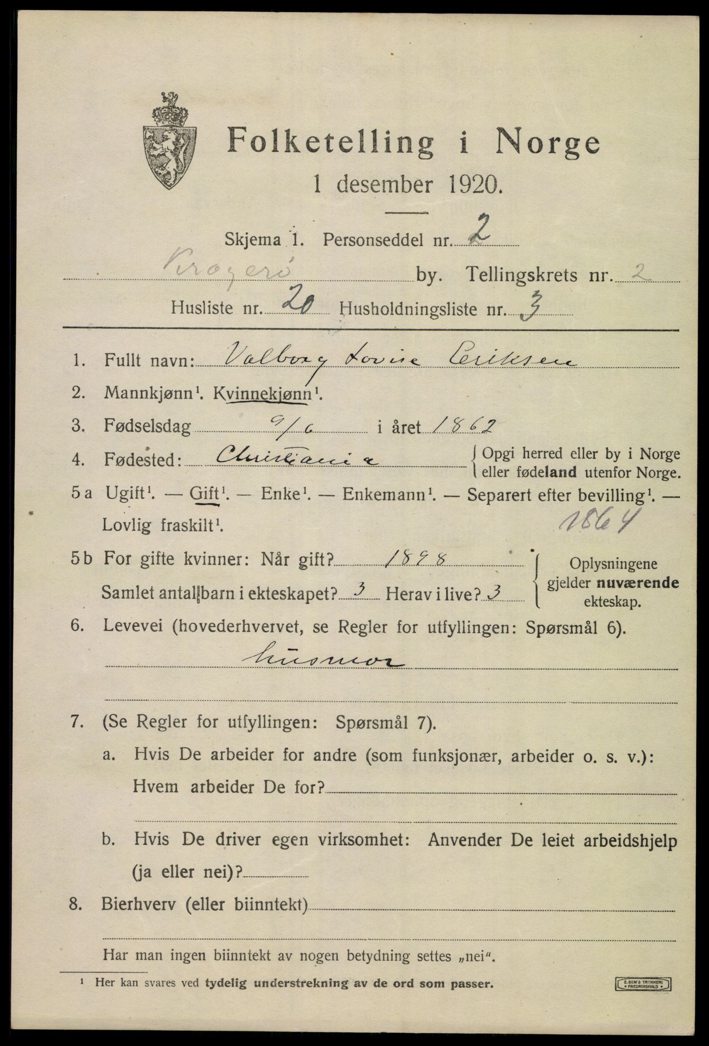 SAKO, 1920 census for Kragerø, 1920, p. 5609