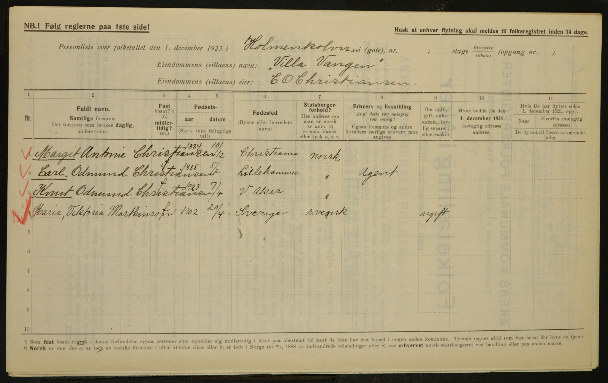 , Municipal Census 1923 for Aker, 1923, p. 2966