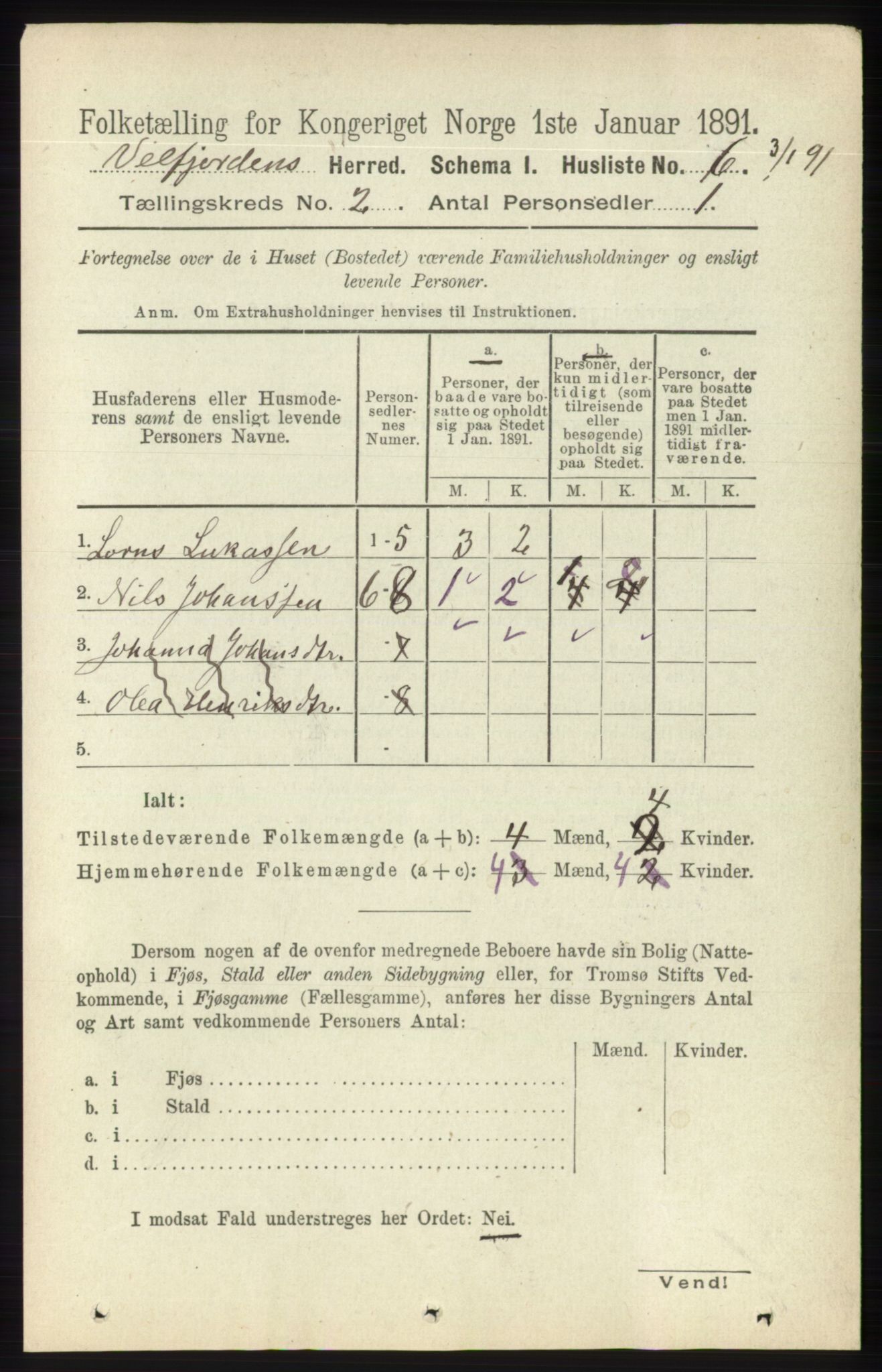 RA, 1891 census for 1813 Velfjord, 1891, p. 485