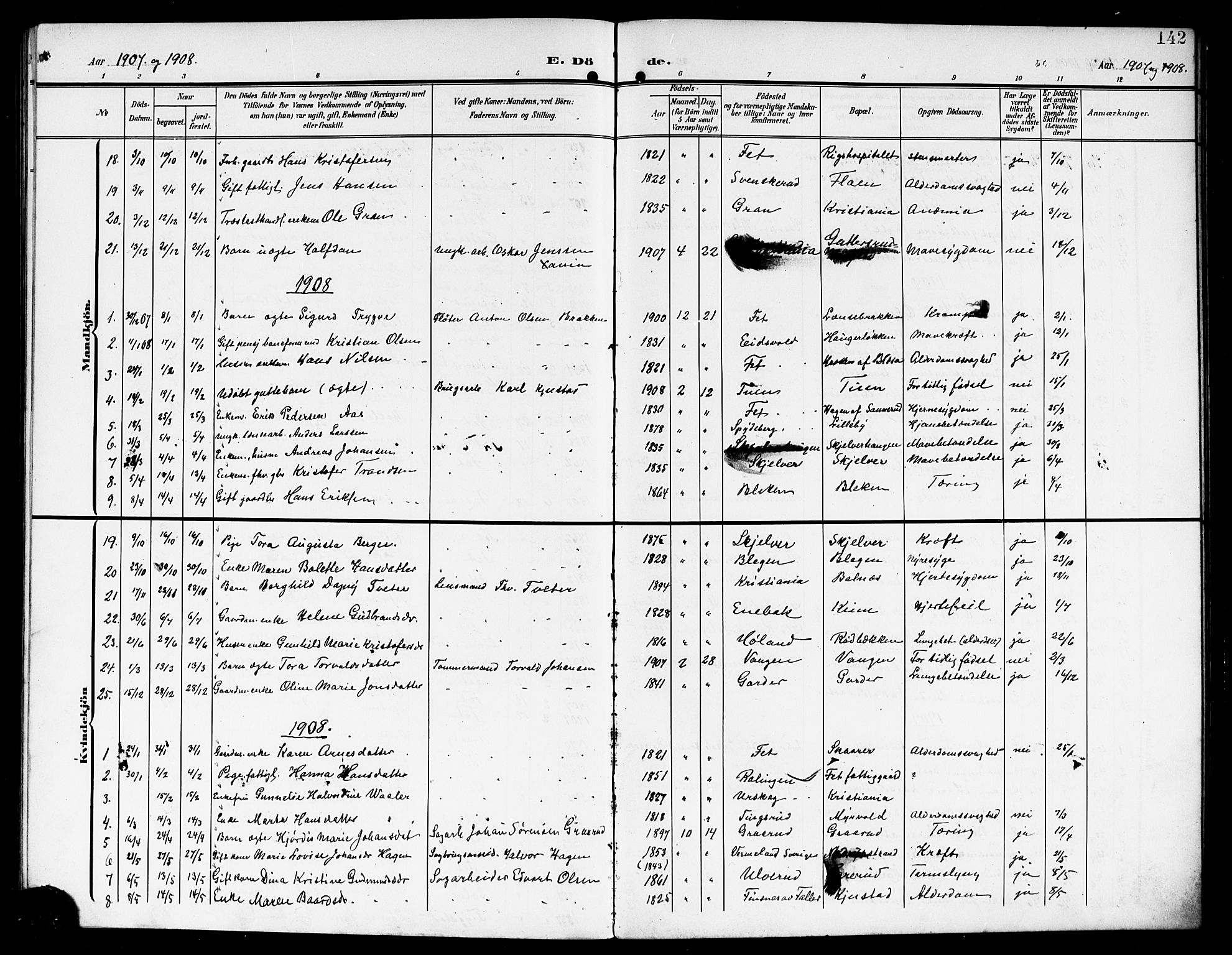 Fet prestekontor Kirkebøker, SAO/A-10370a/G/Ga/L0008: Parish register (copy) no. I 8, 1907-1920, p. 142