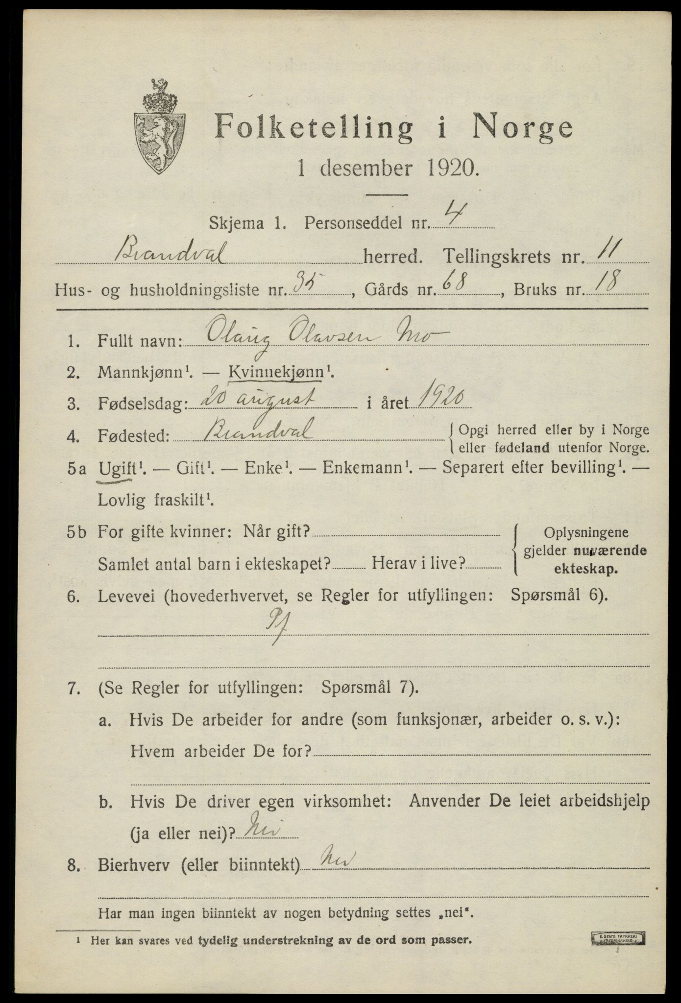 SAH, 1920 census for Brandval, 1920, p. 8456