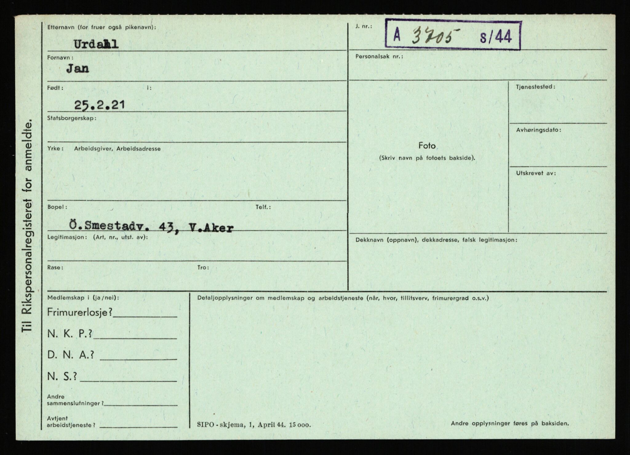 Statspolitiet - Hovedkontoret / Osloavdelingen, AV/RA-S-1329/C/Ca/L0016: Uberg - Øystese, 1943-1945, p. 300