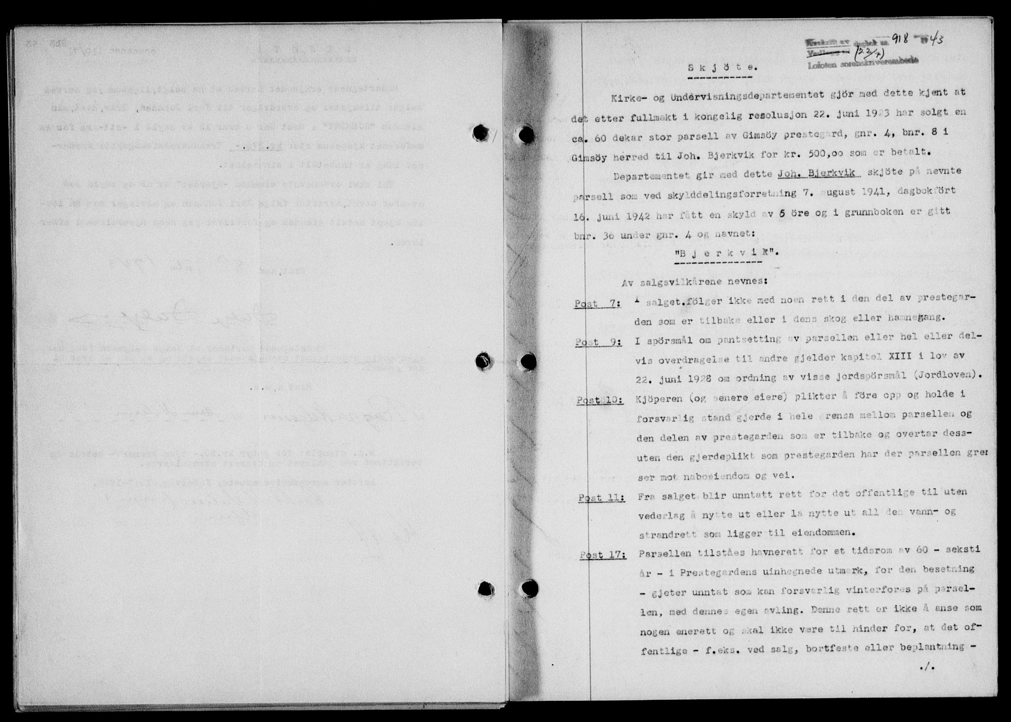 Lofoten sorenskriveri, SAT/A-0017/1/2/2C/L0011a: Mortgage book no. 11a, 1943-1943, Diary no: : 918/1943