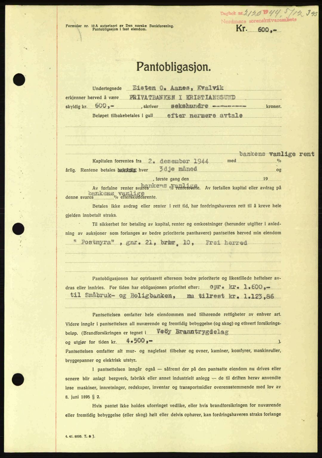 Nordmøre sorenskriveri, AV/SAT-A-4132/1/2/2Ca: Mortgage book no. B92, 1944-1945, Diary no: : 2120/1944