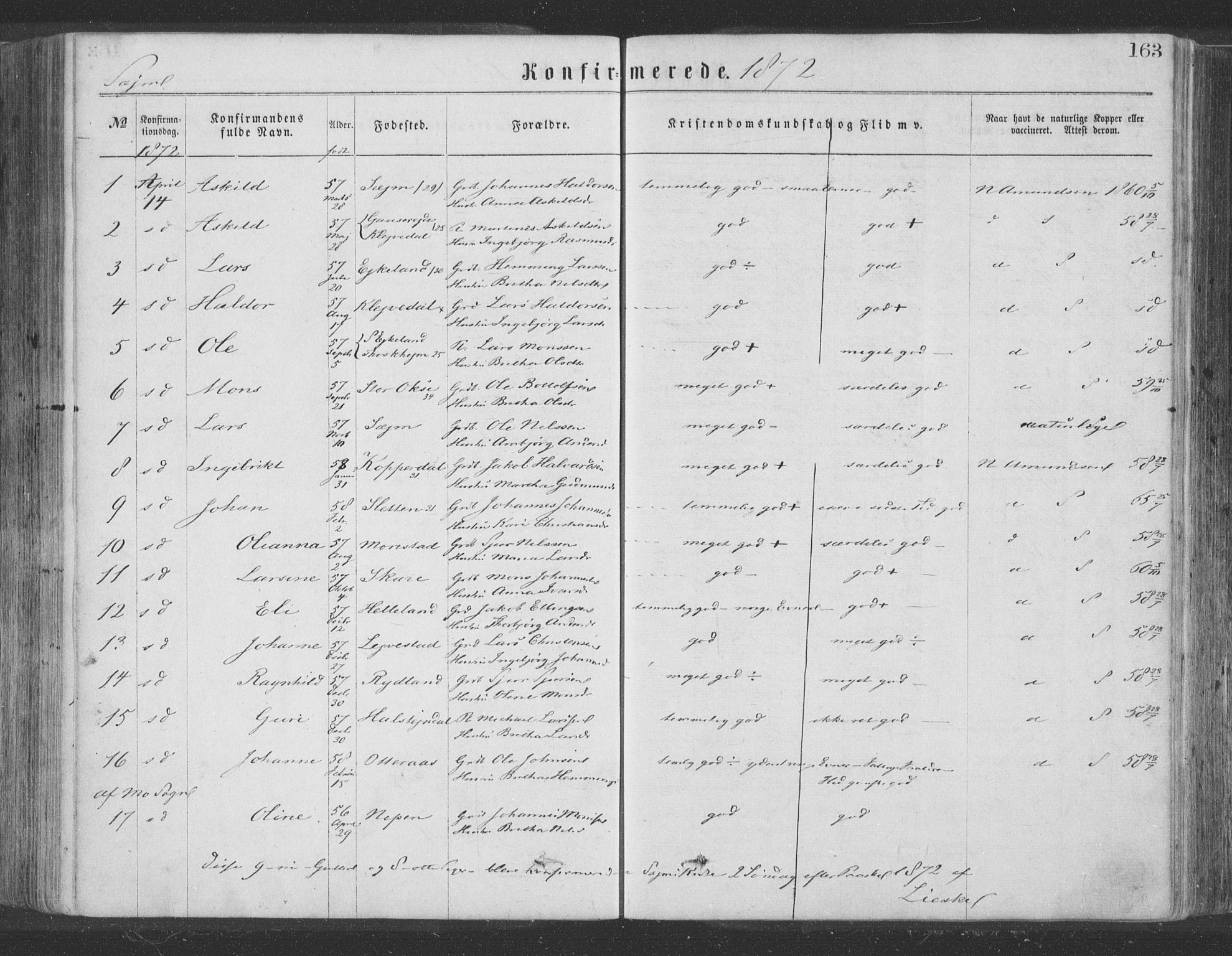 Hosanger sokneprestembete, AV/SAB-A-75801/H/Haa: Parish register (official) no. A 9, 1864-1876, p. 163