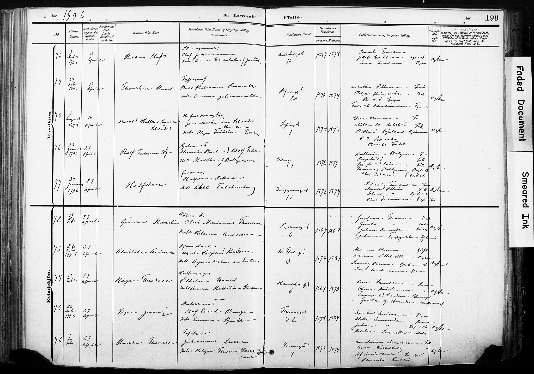 Gamle Aker prestekontor Kirkebøker, SAO/A-10617a/F/L0013: Parish register (official) no. 13, 1901-1908, p. 190
