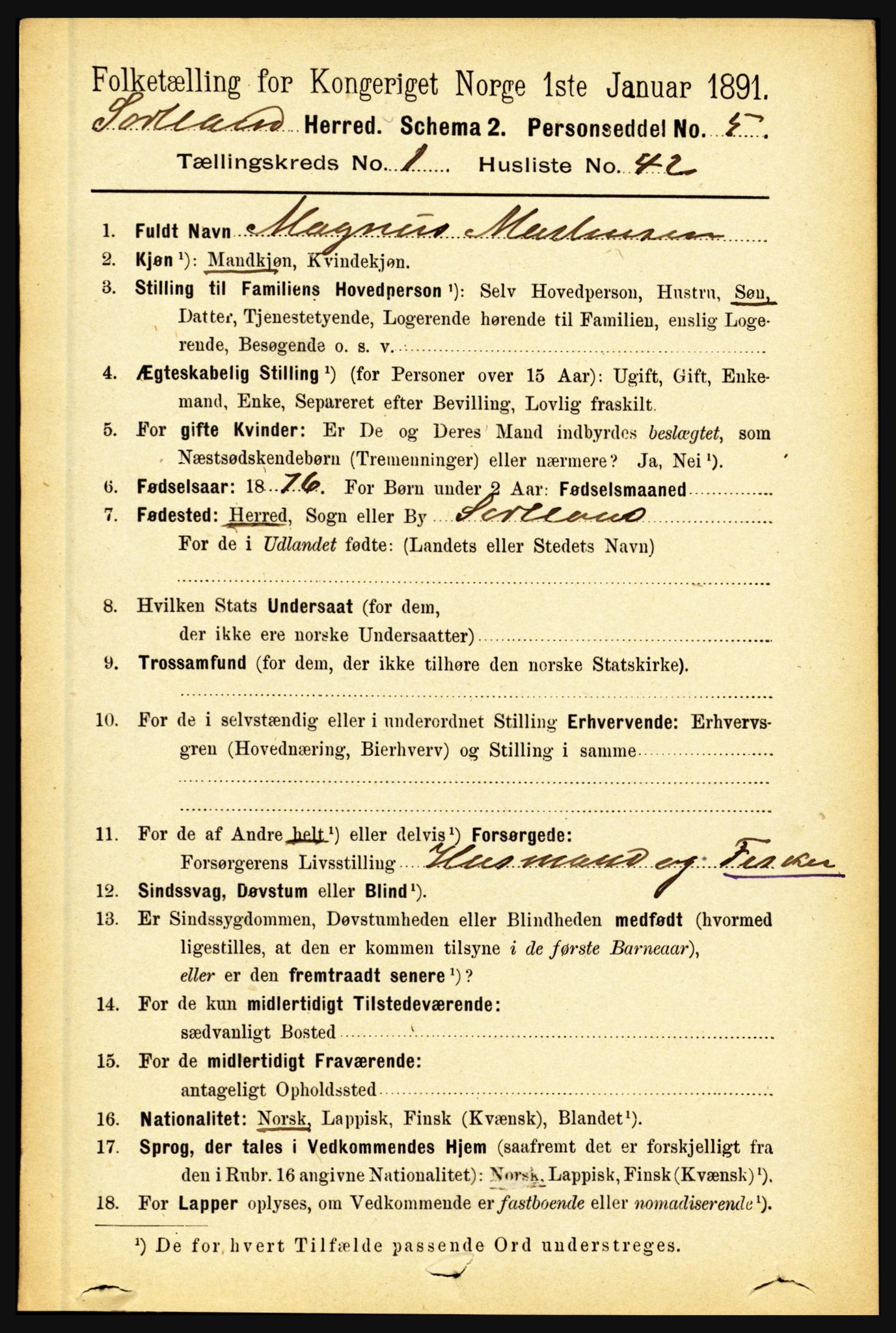 RA, 1891 census for 1870 Sortland, 1891, p. 375