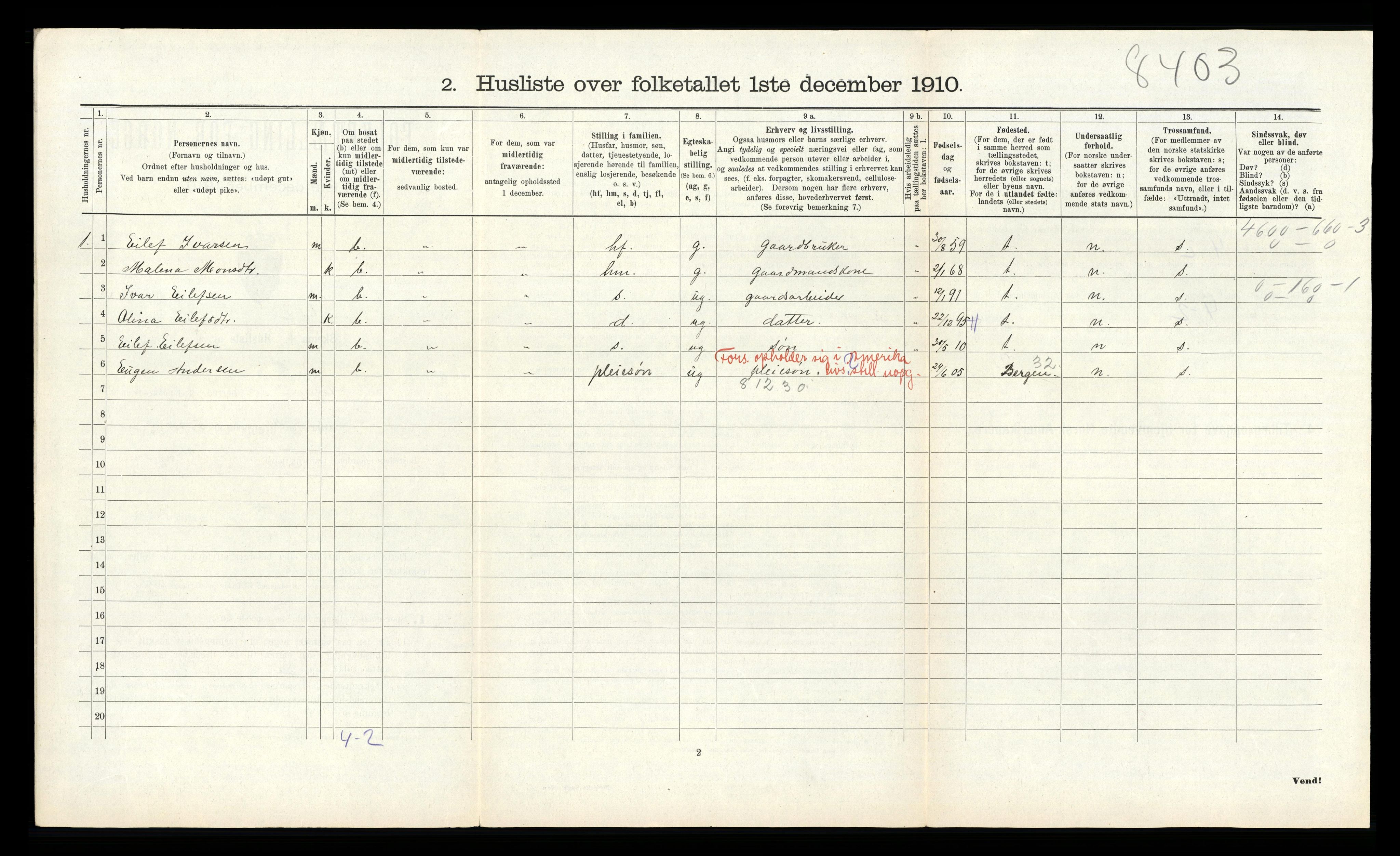 RA, 1910 census for Åsane, 1910, p. 462