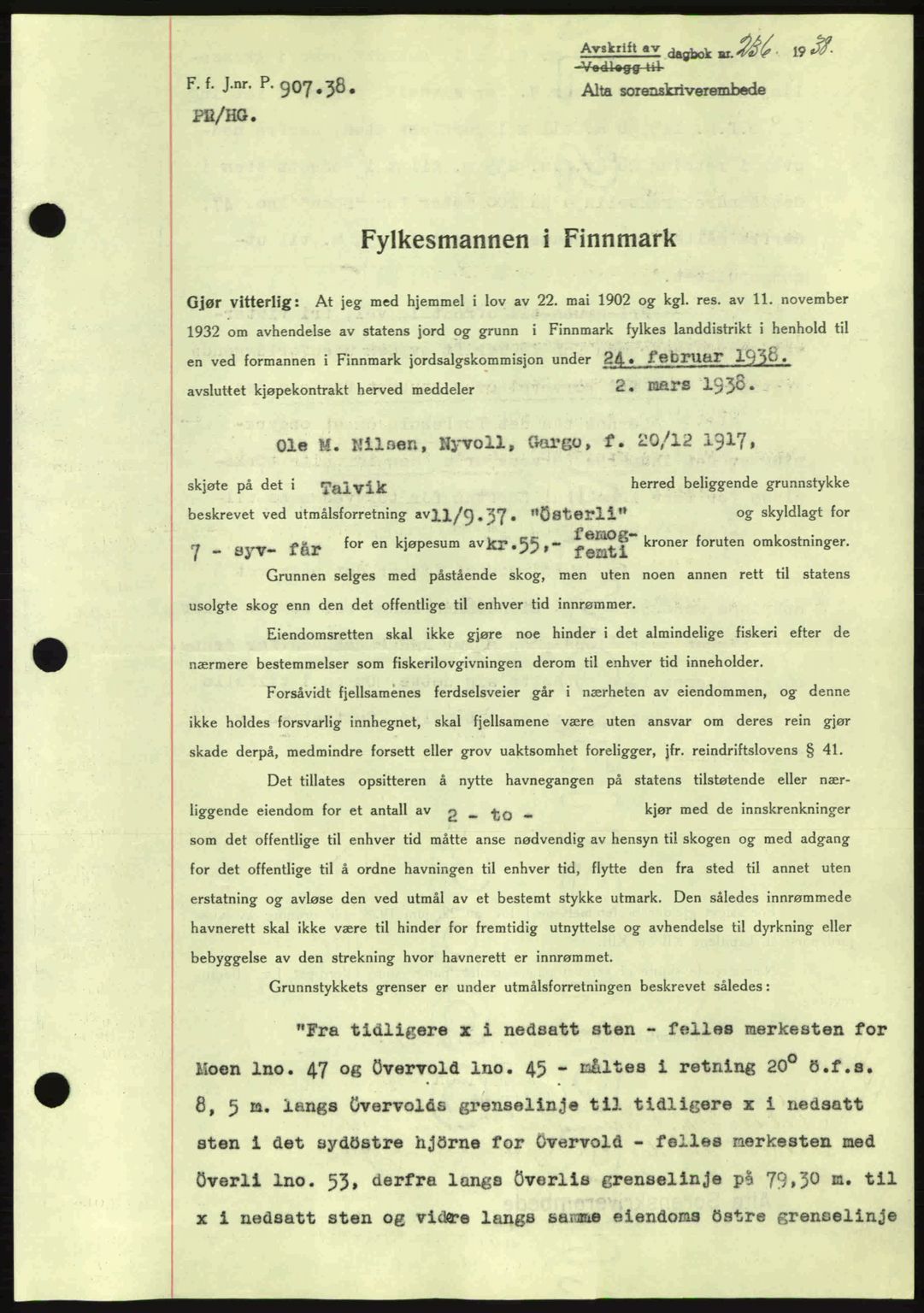 Alta fogderi/sorenskriveri, SATØ/SATØ-5/1/K/Kd/L0031pantebok: Mortgage book no. 31, 1938-1939, Diary no: : 236/1938