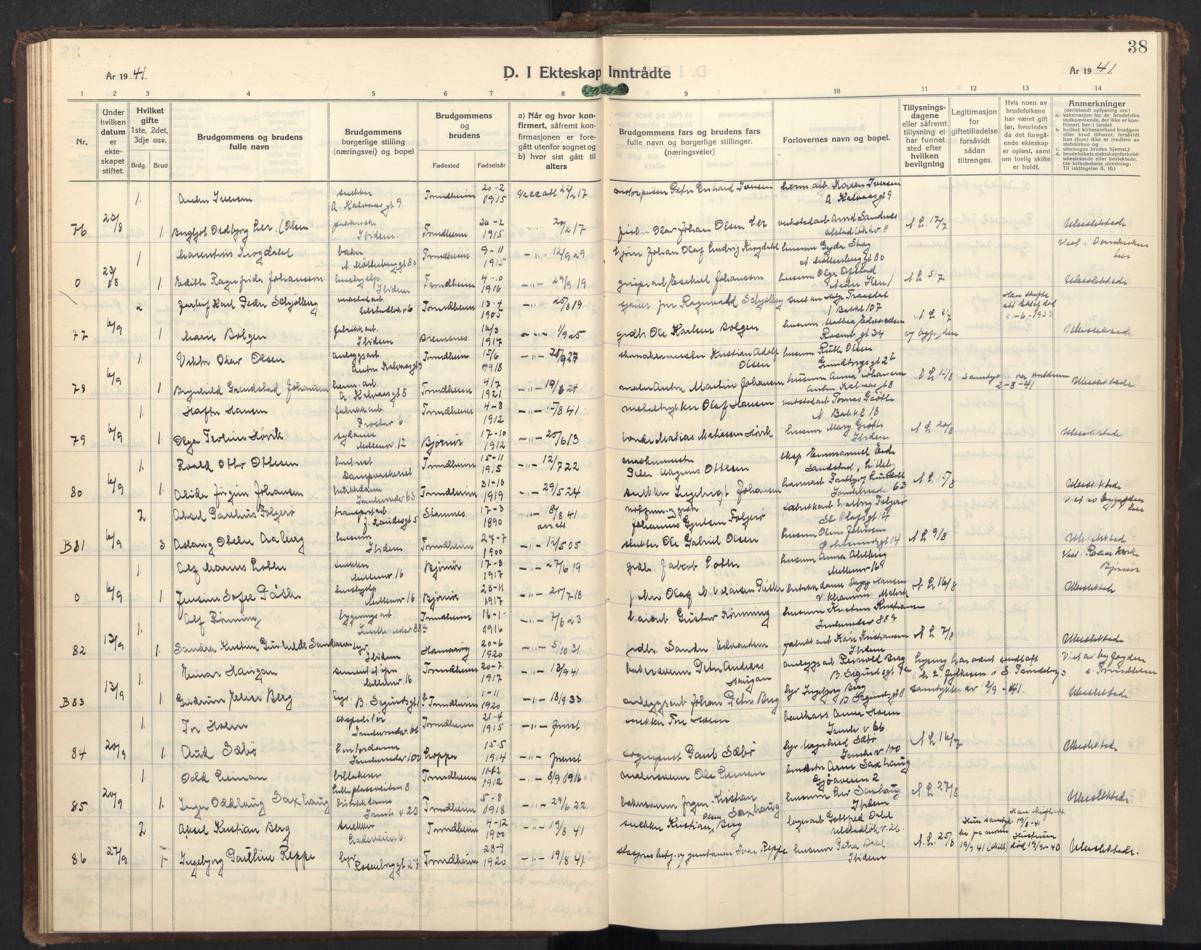 Ministerialprotokoller, klokkerbøker og fødselsregistre - Sør-Trøndelag, AV/SAT-A-1456/605/L0263: Parish register (copy) no. 605C10, 1938-1949, p. 38