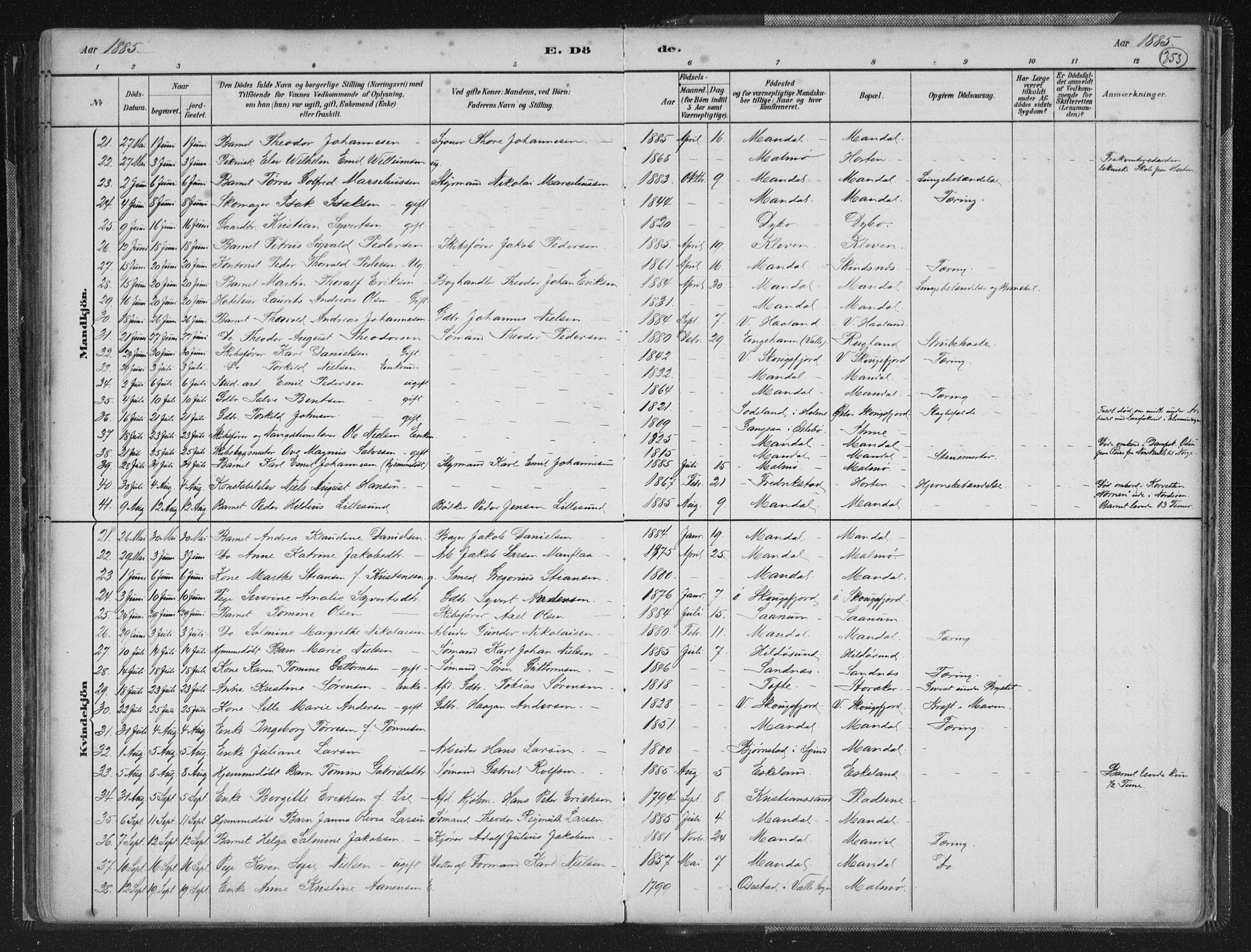 Mandal sokneprestkontor, AV/SAK-1111-0030/F/Fb/Fba/L0011: Parish register (copy) no. B 5, 1880-1898, p. 353