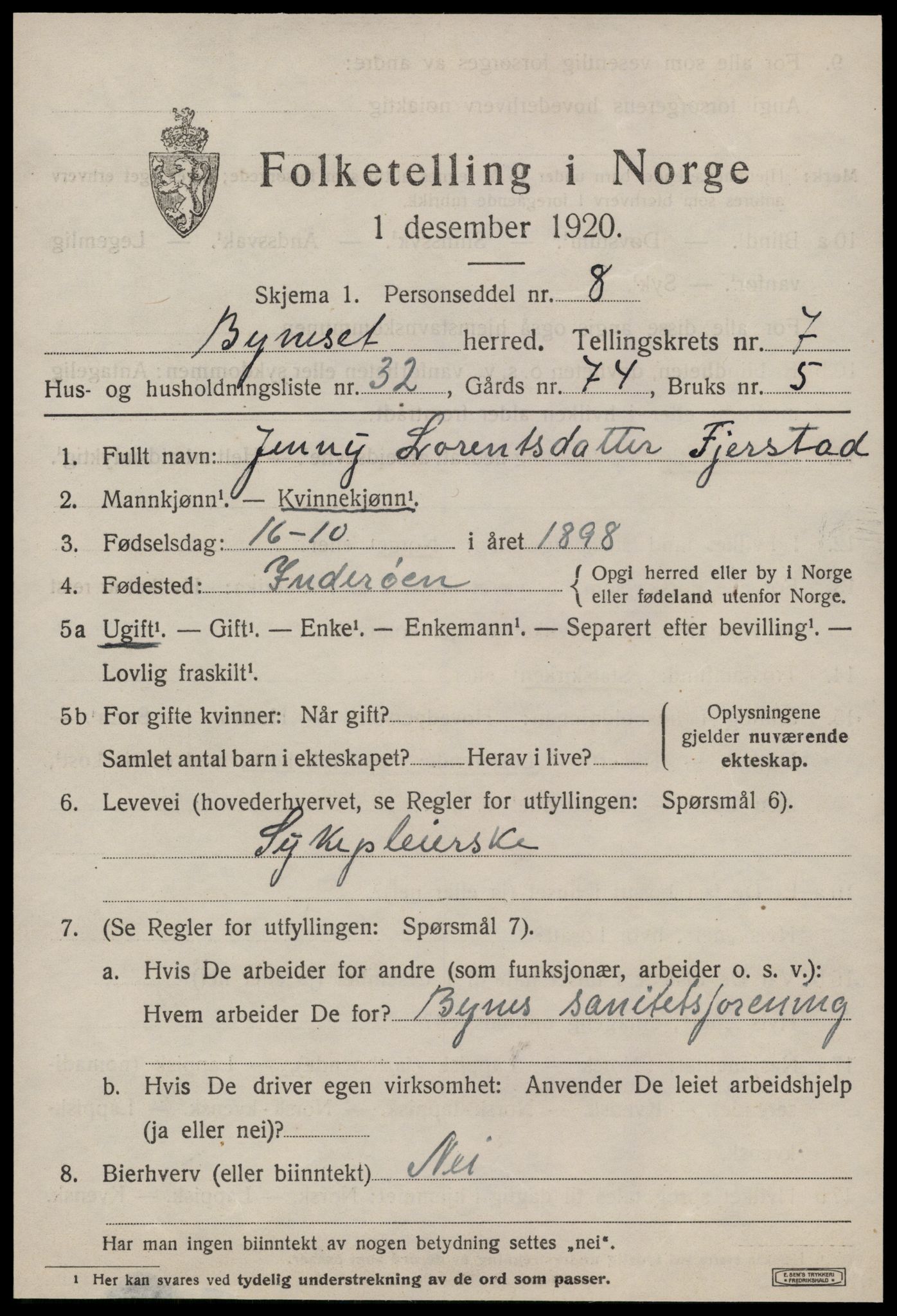 SAT, 1920 census for Byneset, 1920, p. 3838