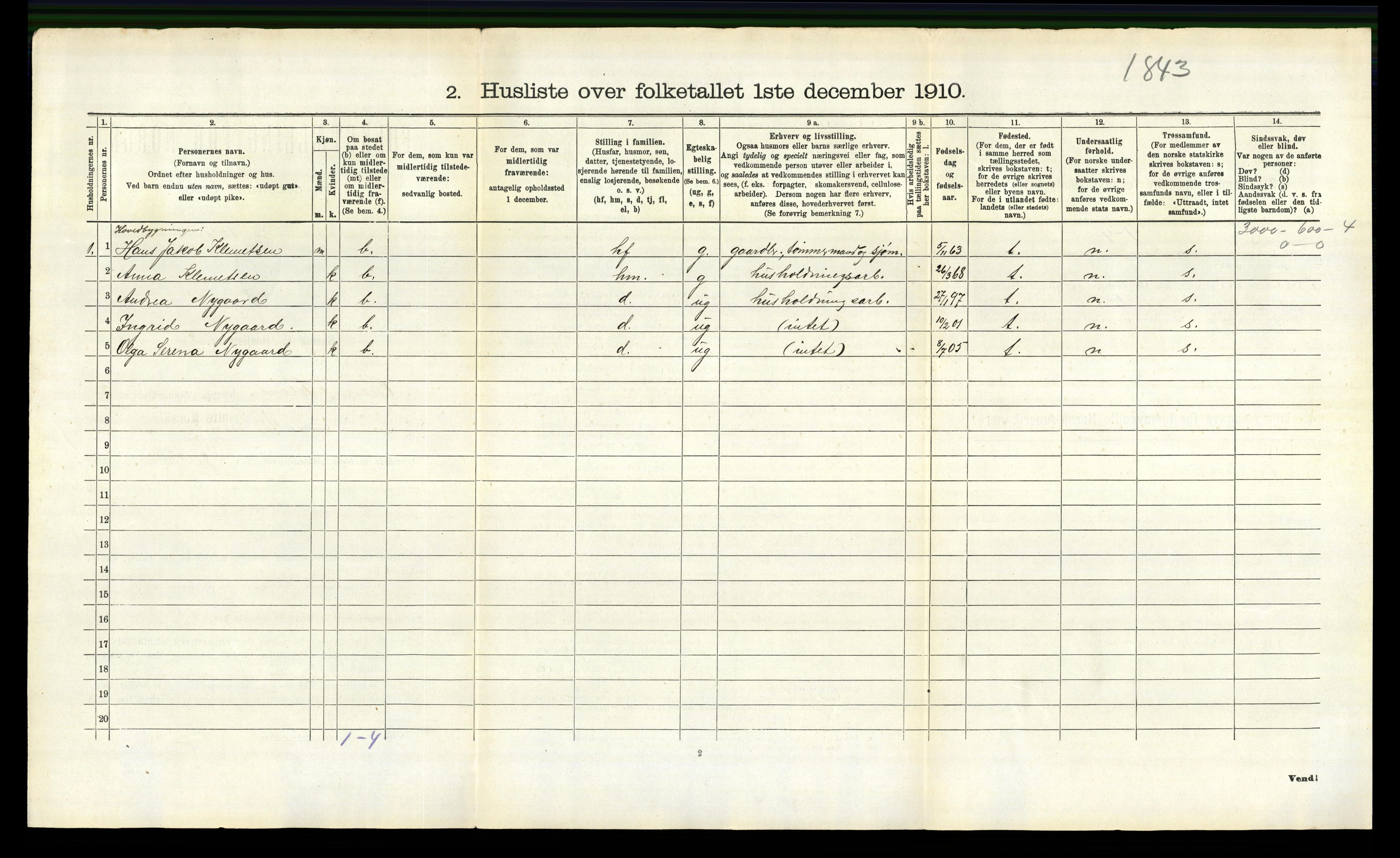 RA, 1910 census for Vestre Moland, 1910, p. 509