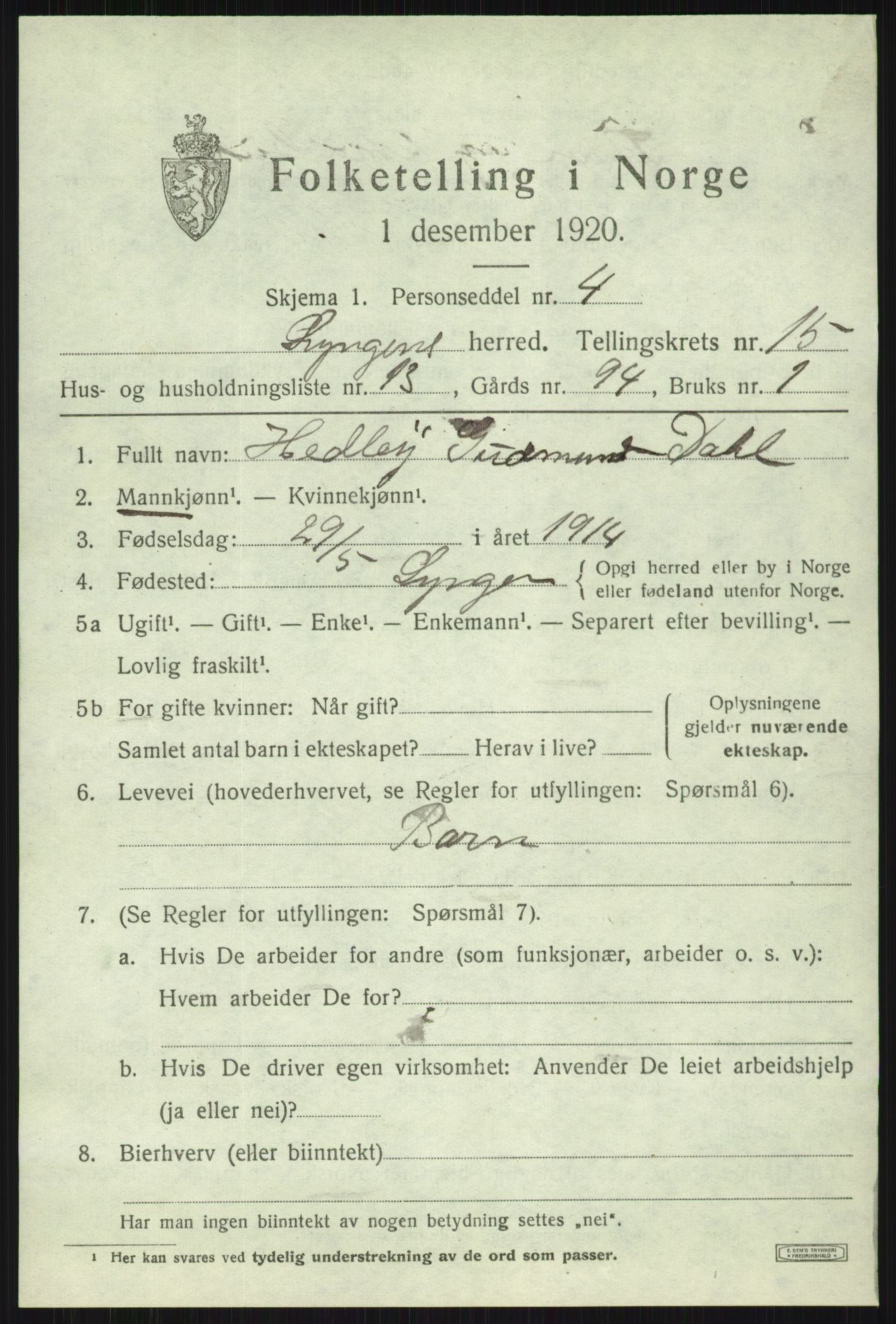 SATØ, 1920 census for Lyngen, 1920, p. 13003