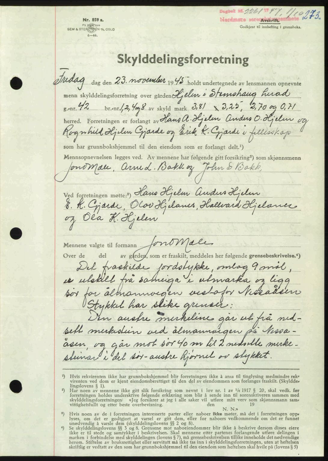 Nordmøre sorenskriveri, AV/SAT-A-4132/1/2/2Ca: Mortgage book no. A106, 1947-1947, Diary no: : 2261/1947