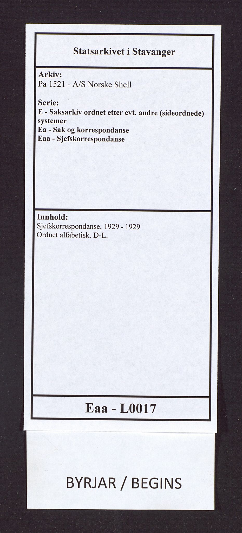 Pa 1521 - A/S Norske Shell, AV/SAST-A-101915/E/Ea/Eaa/L0017: Sjefskorrespondanse, 1929, p. 1