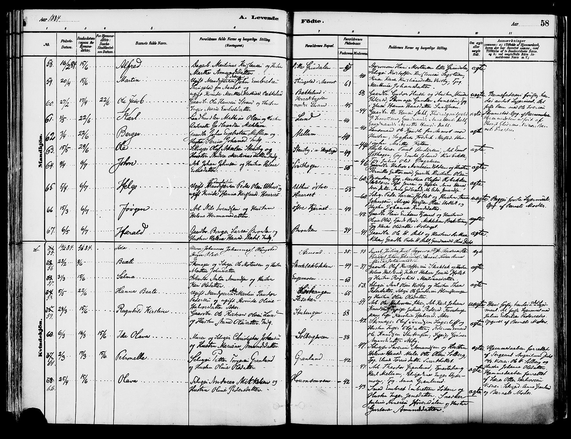 Elverum prestekontor, AV/SAH-PREST-044/H/Ha/Haa/L0013: Parish register (official) no. 13, 1880-1890, p. 58