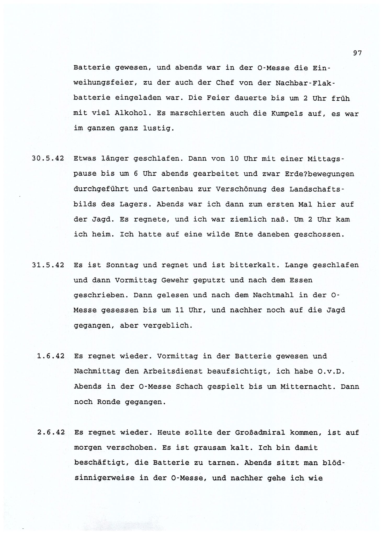 Dagbokopptegnelser av en tysk marineoffiser stasjonert i Norge , FMFB/A-1160/F/L0001: Dagbokopptegnelser av en tysk marineoffiser stasjonert i Norge, 1941-1944, p. 97