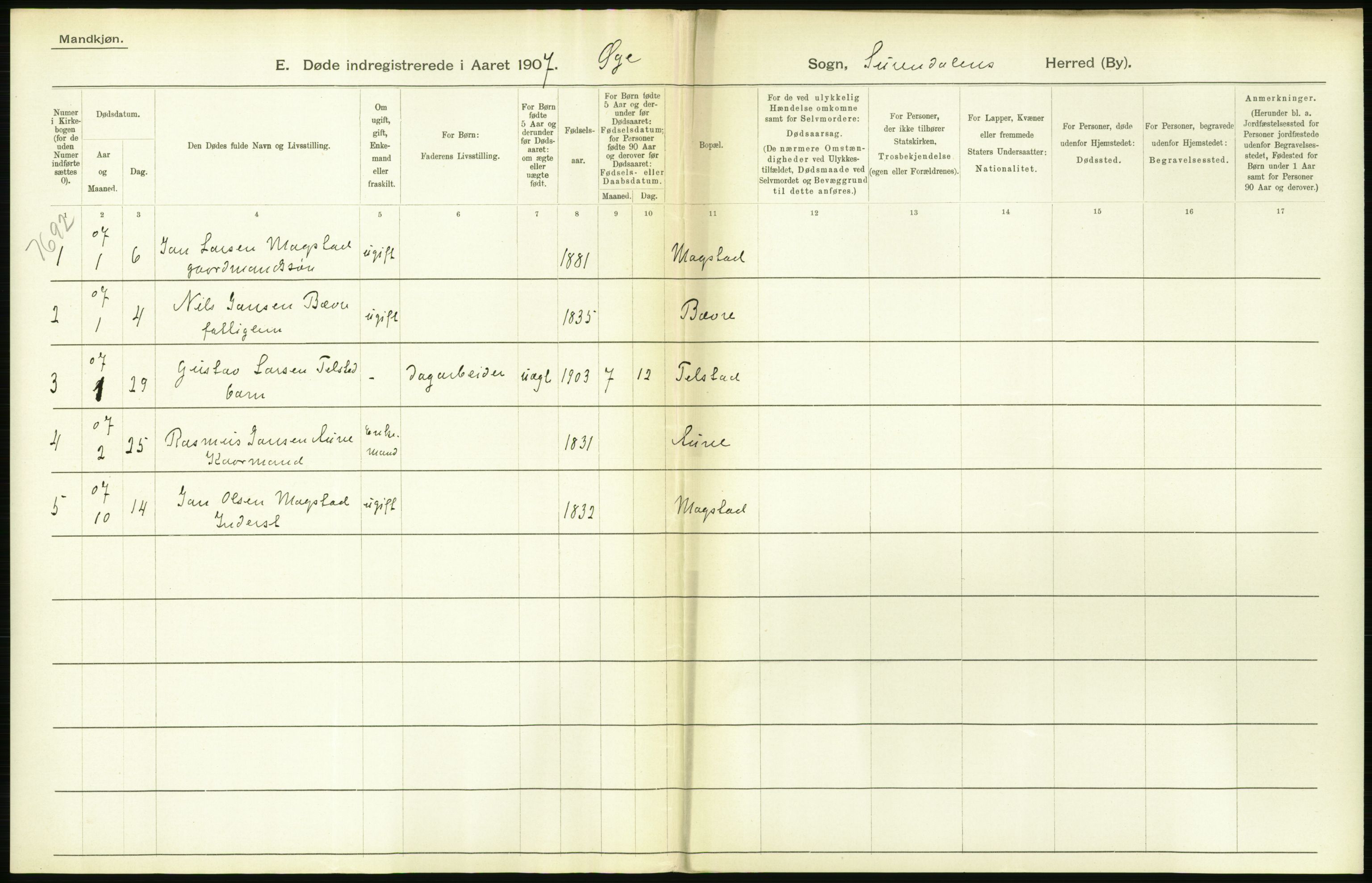 Statistisk sentralbyrå, Sosiodemografiske emner, Befolkning, AV/RA-S-2228/D/Df/Dfa/Dfae/L0037: Romsdals amt: Døde, dødfødte. Bygder og byer., 1907, p. 54