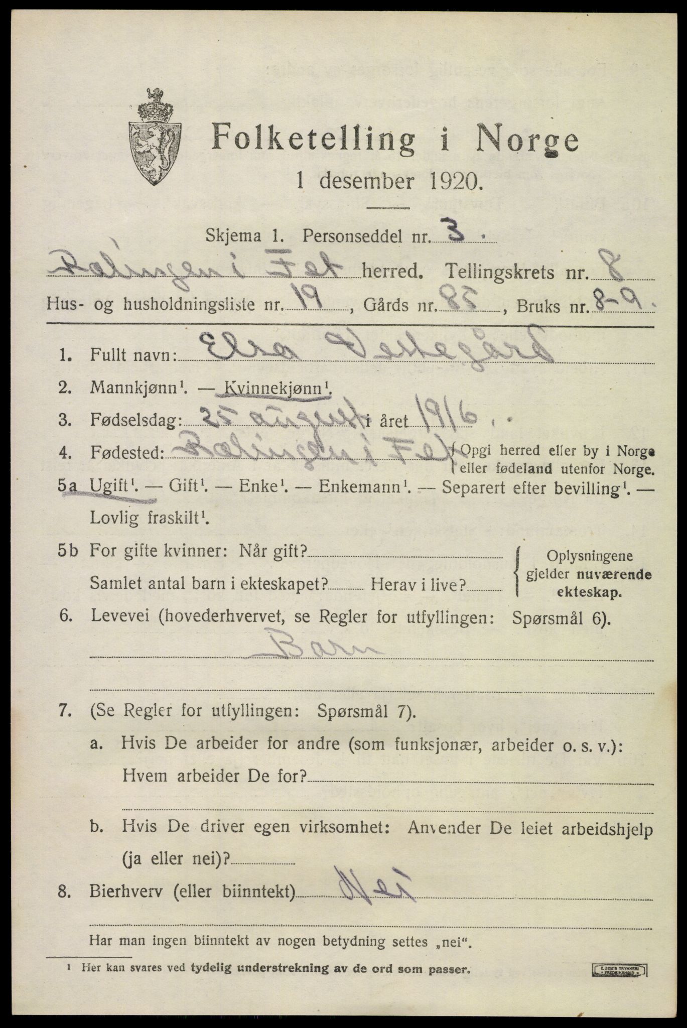 SAO, 1920 census for Fet, 1920, p. 8994