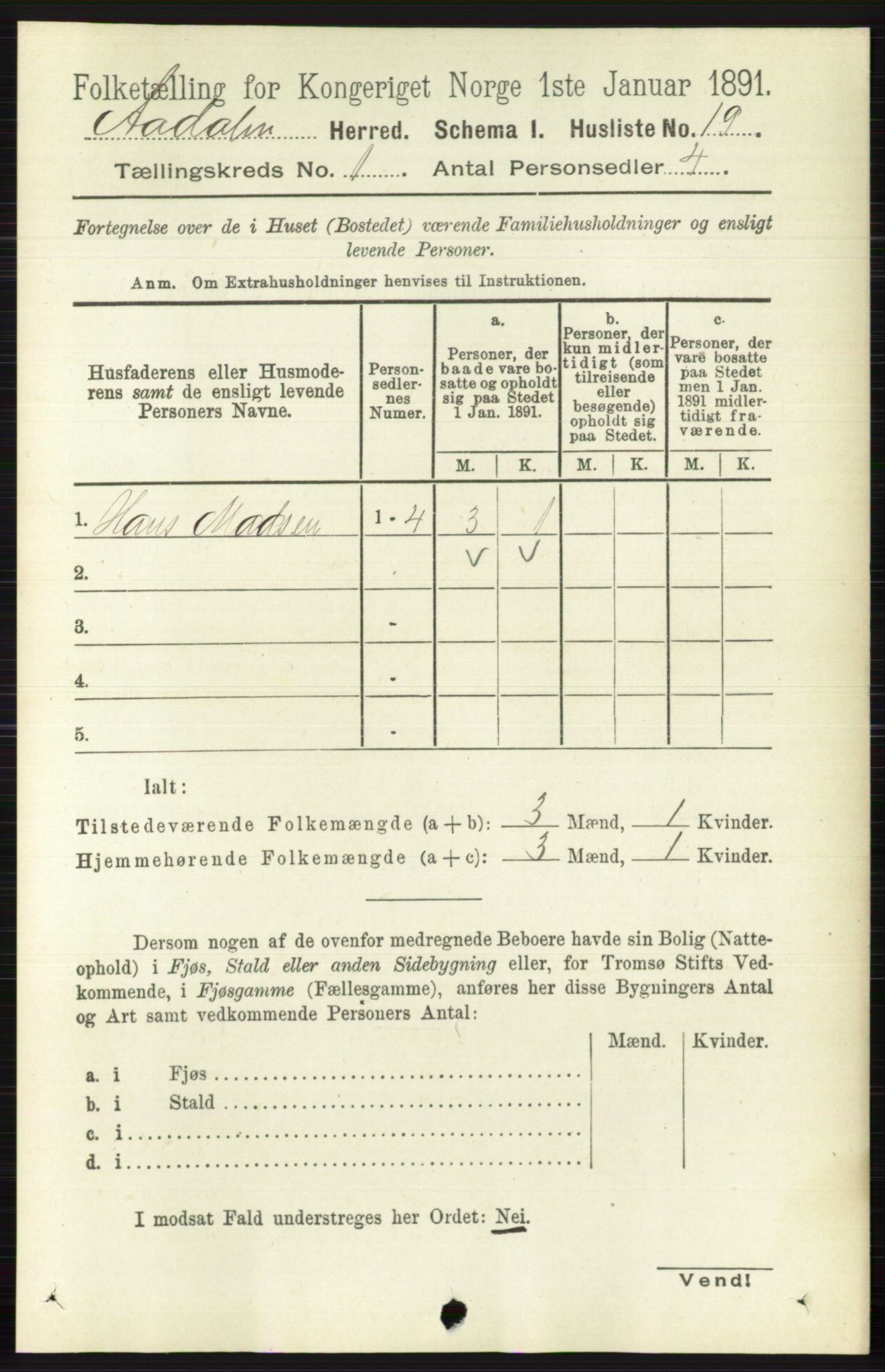 RA, 1891 census for 0614 Ådal, 1891, p. 43