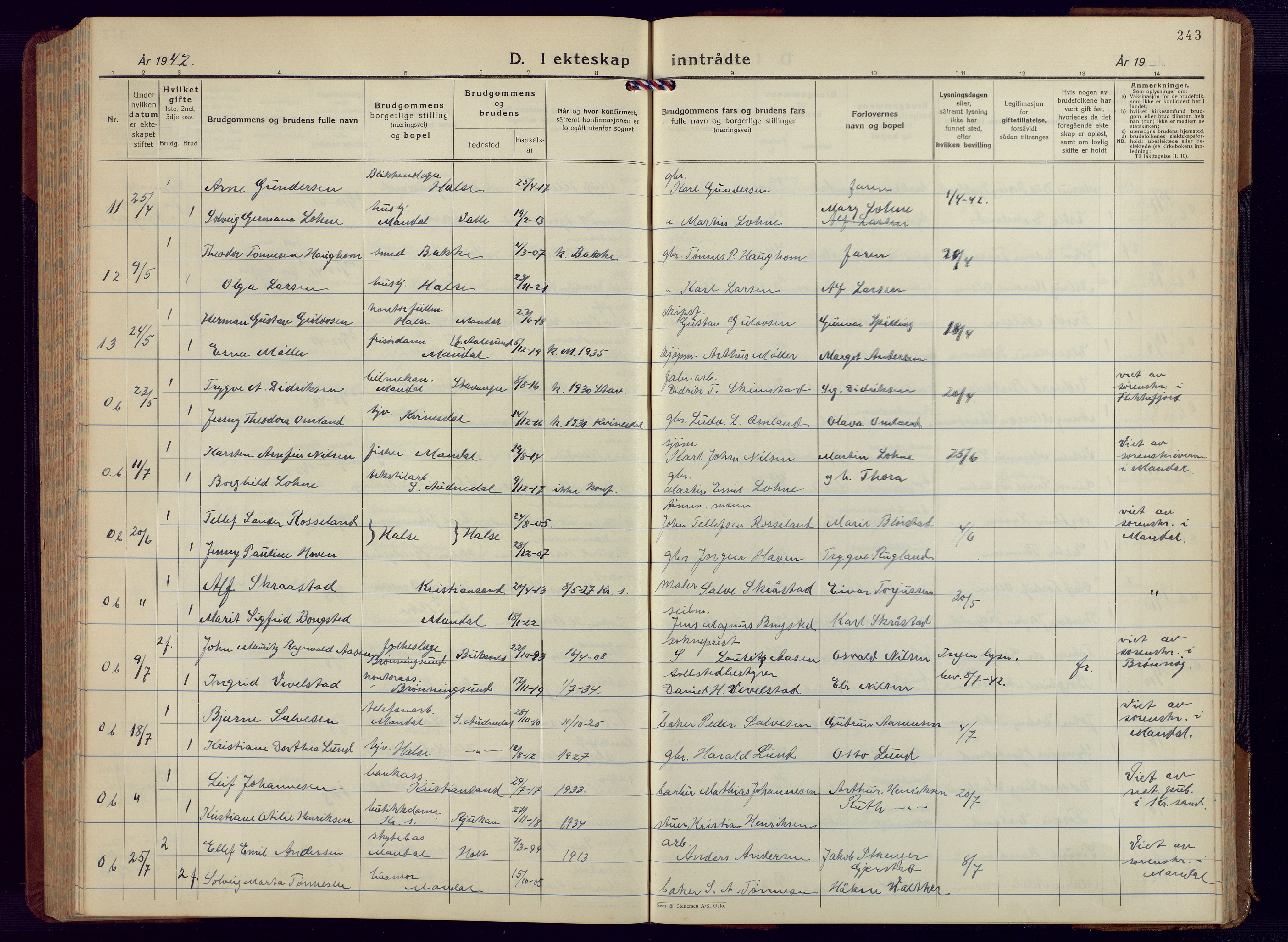 Mandal sokneprestkontor, AV/SAK-1111-0030/F/Fb/Fbc/L0002: Parish register (copy) no. B 2, 1931-1949, p. 243