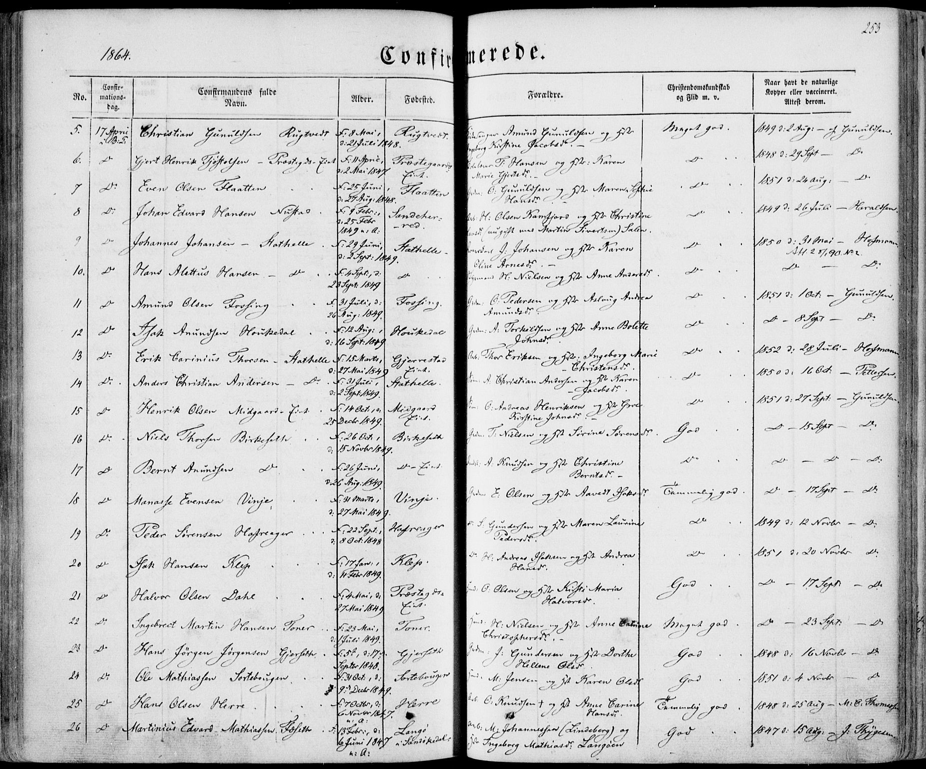 Bamble kirkebøker, SAKO/A-253/F/Fa/L0005: Parish register (official) no. I 5, 1854-1869, p. 253